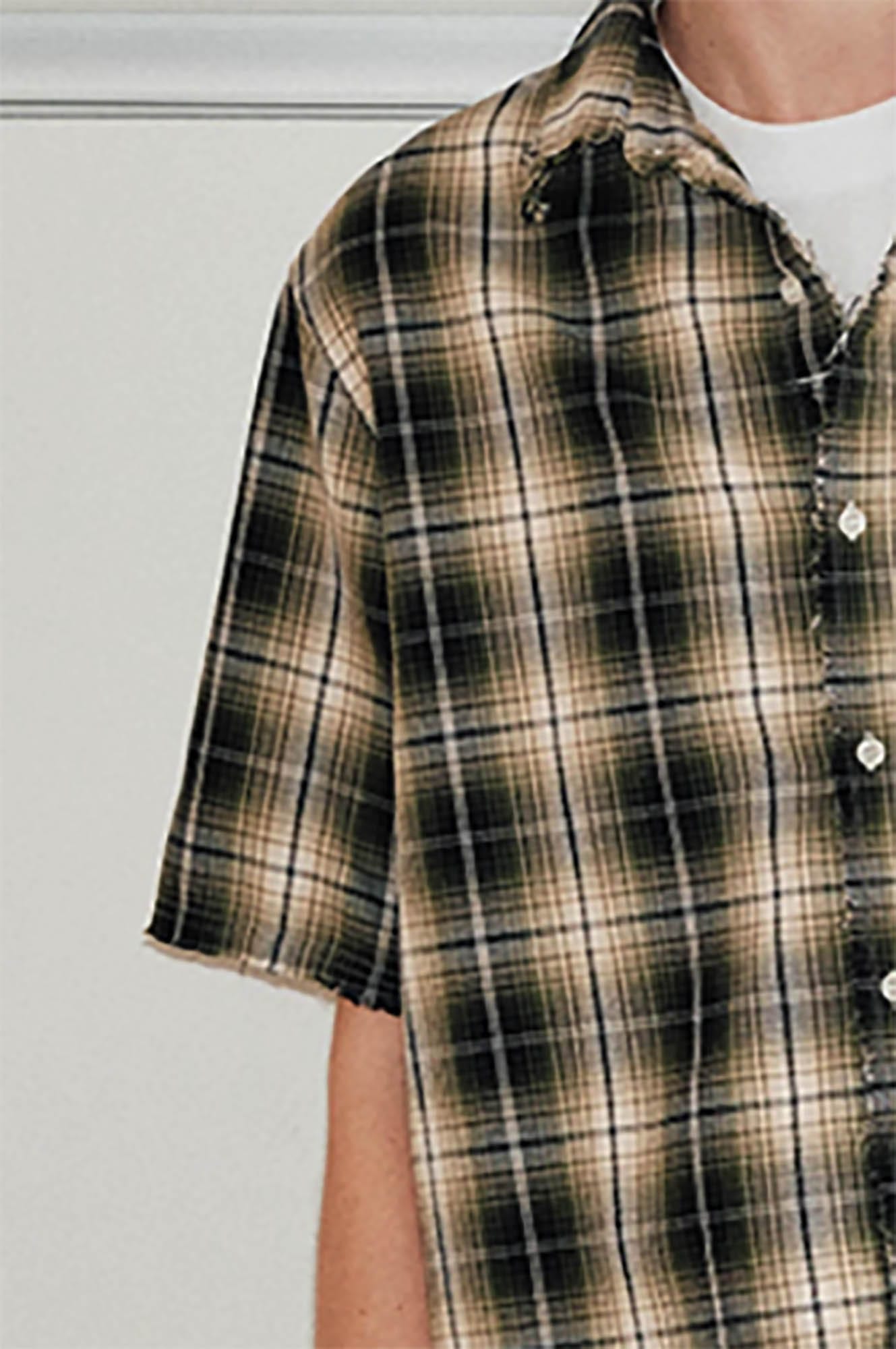 KREATE Frayed Tie-Dye Plaid Half Shirt