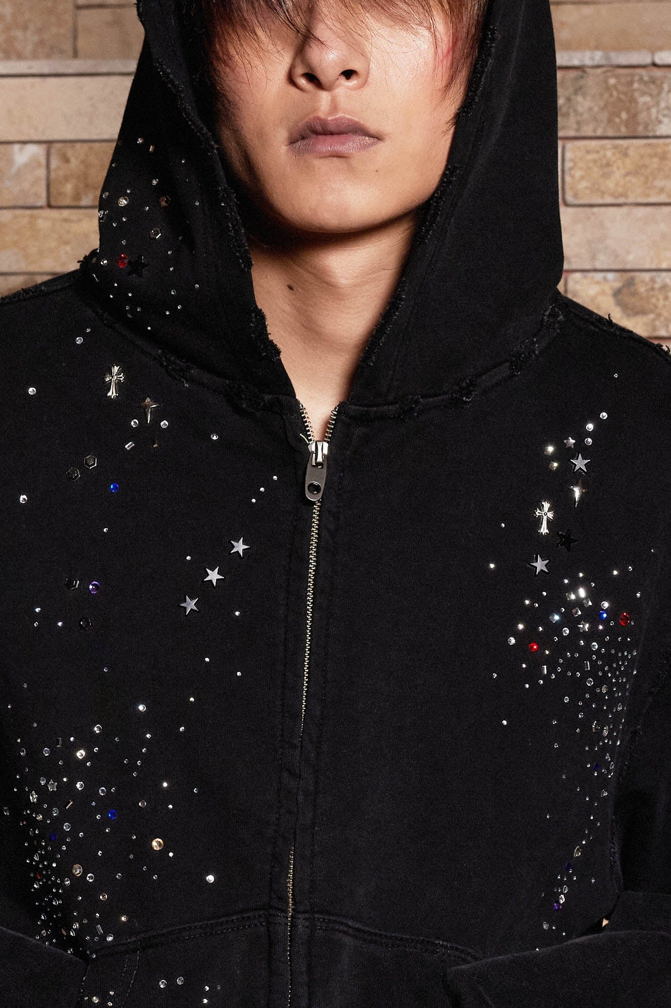 DND4DES Sparkle Diamond Distressed Zip Up Hoodie