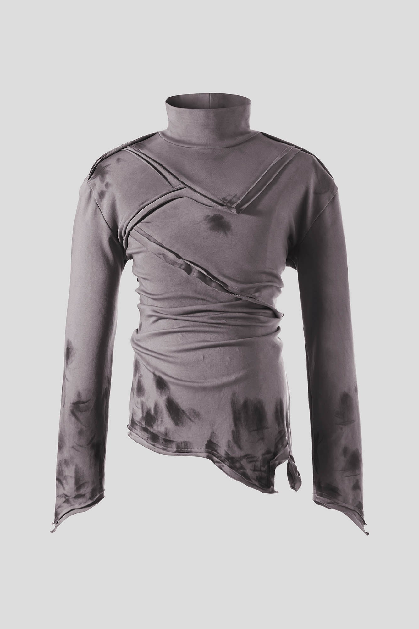 FLYERRER Asymmetrical Spliced Distressed Turtleneck Long-Sleeve T-Shirt