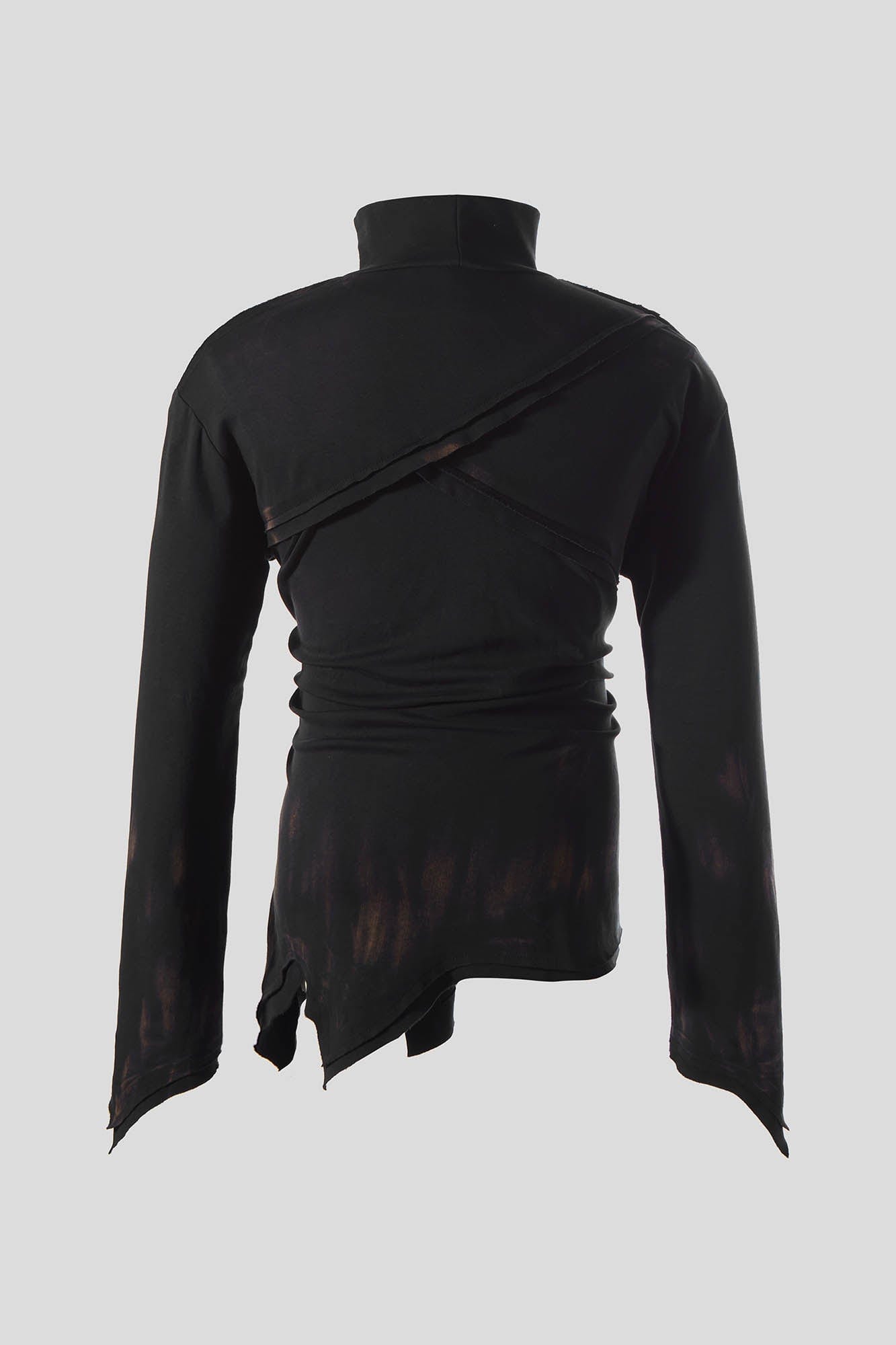 FLYERRER Asymmetrical Spliced Distressed Turtleneck Long-Sleeve T-Shirt