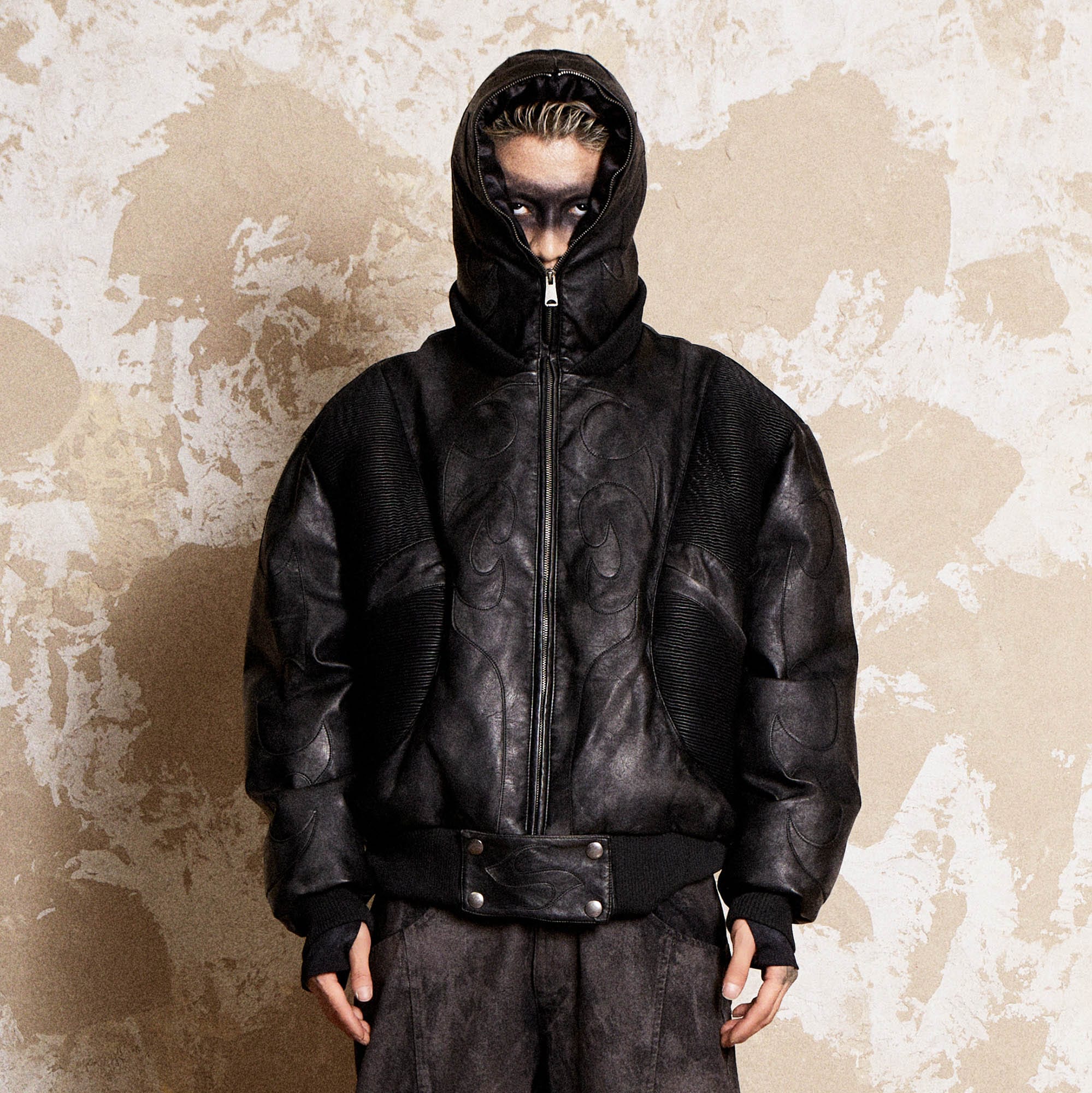 FLYERRER Mutation Full Zip Spliced Faux Leather Hooded Jacket