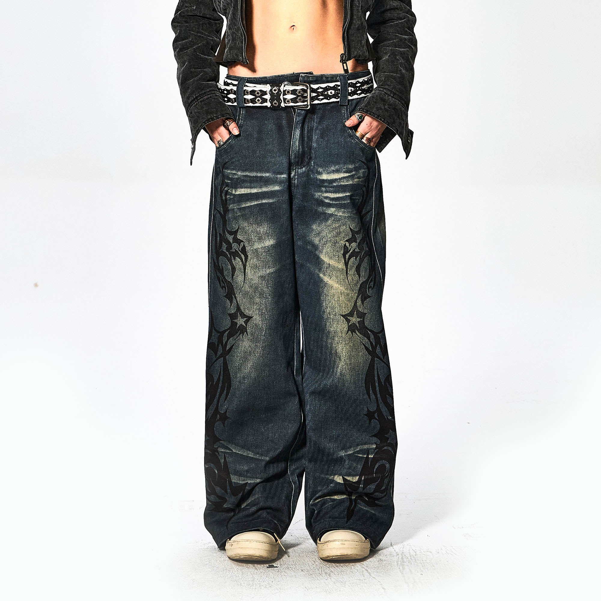 DND4DES Acid Graphics Distressed Wide-Leg Jeans