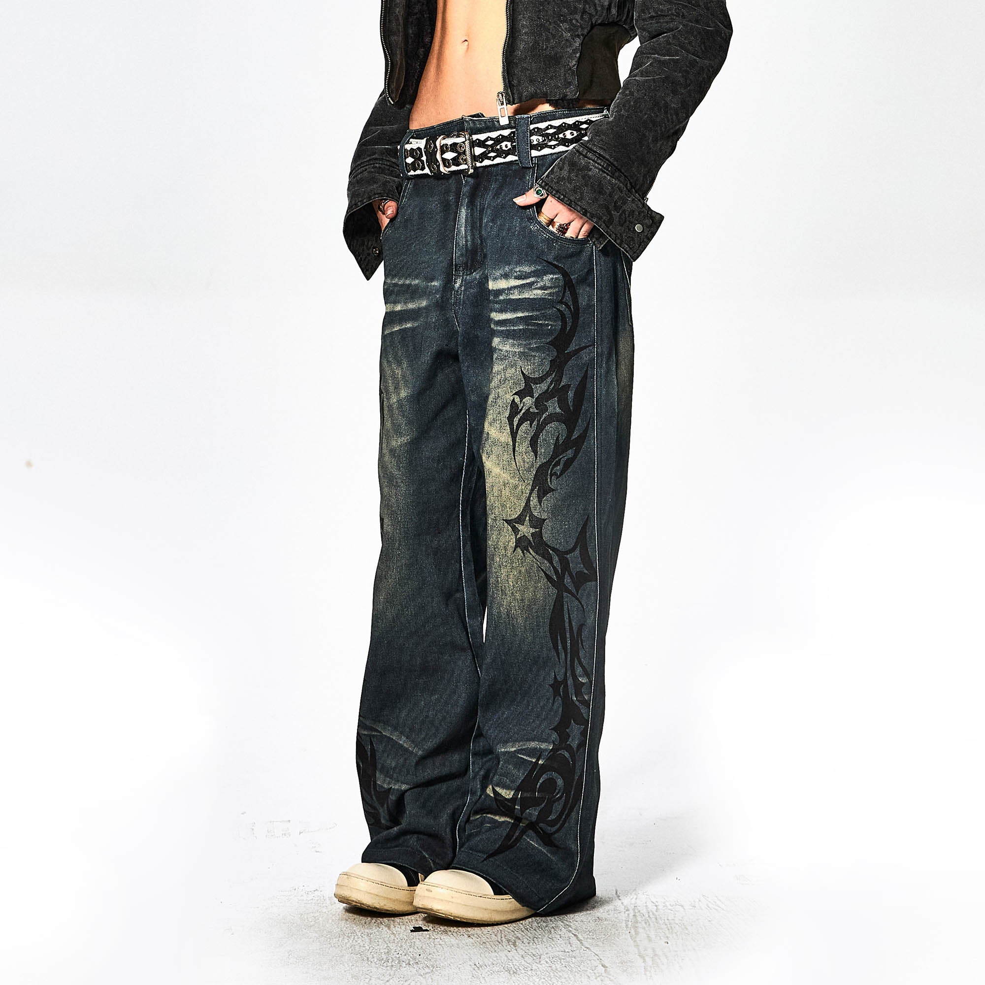 DND4DES Acid Graphics Distressed Wide-Leg Jeans