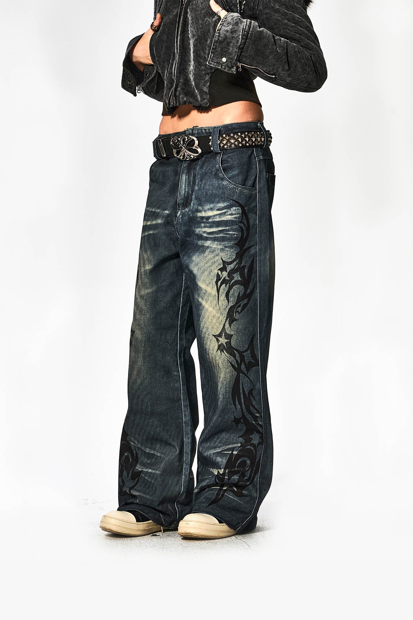 DND4DES Acid Graphics Distressed Wide-Leg Jeans