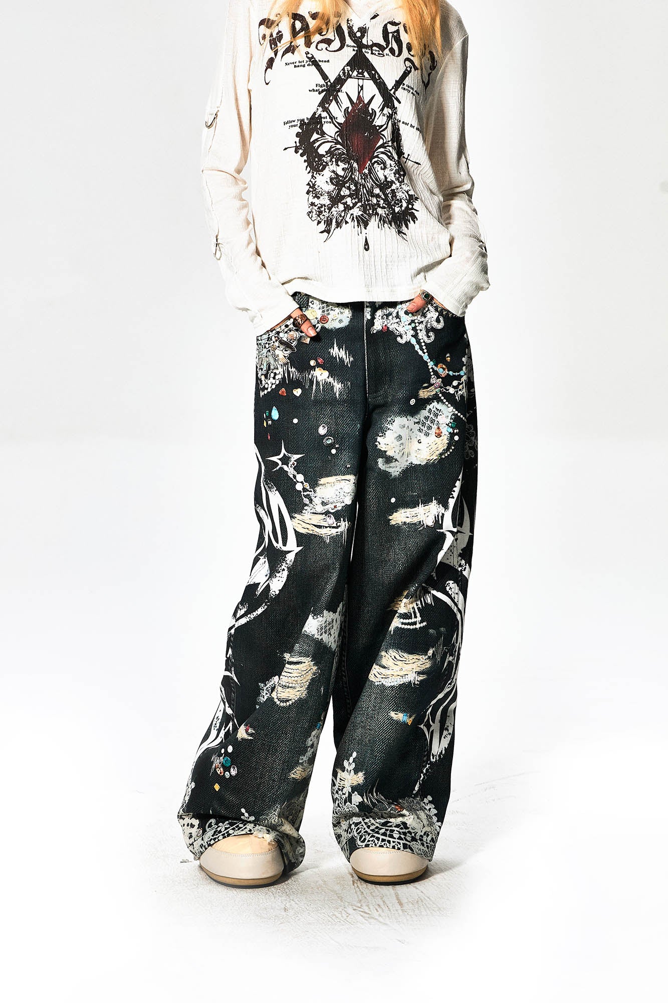 DND4DES Patterned Lace Graphics Wide-Leg Jeans