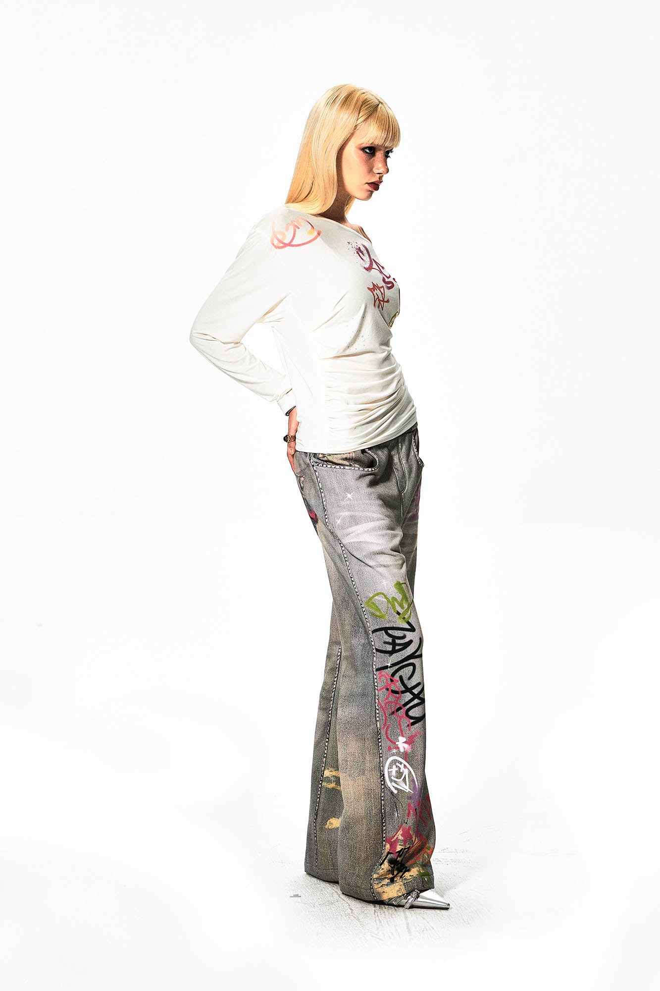 DND4DES Distressed Graffiti Flared Pants