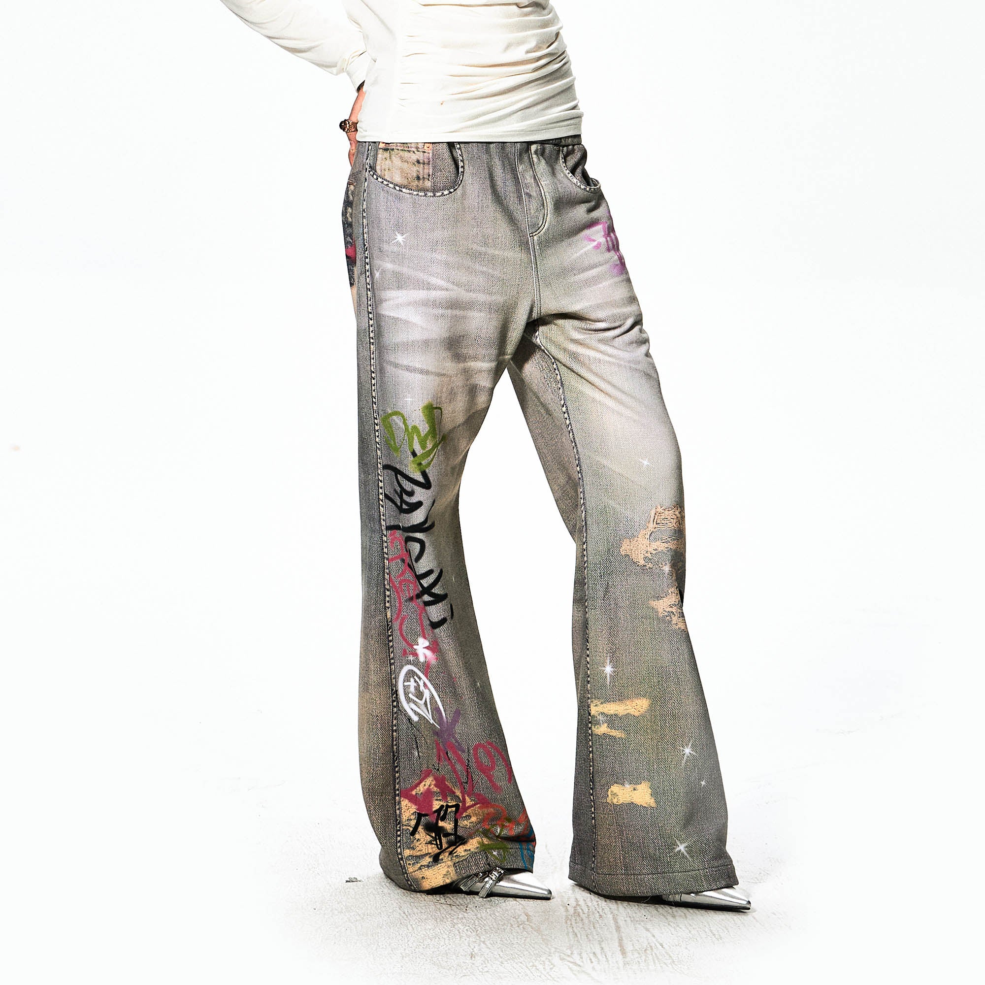 DND4DES Distressed Graffiti Flared Pants