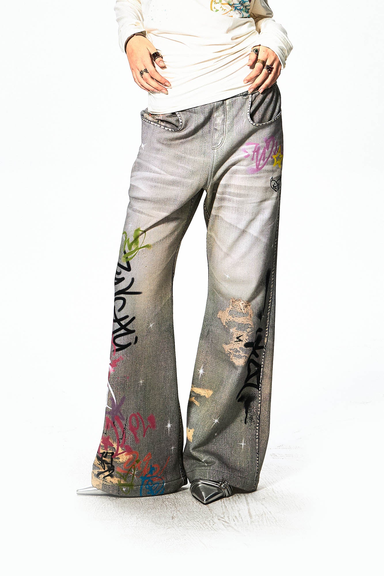 DND4DES Distressed Graffiti Flared Pants