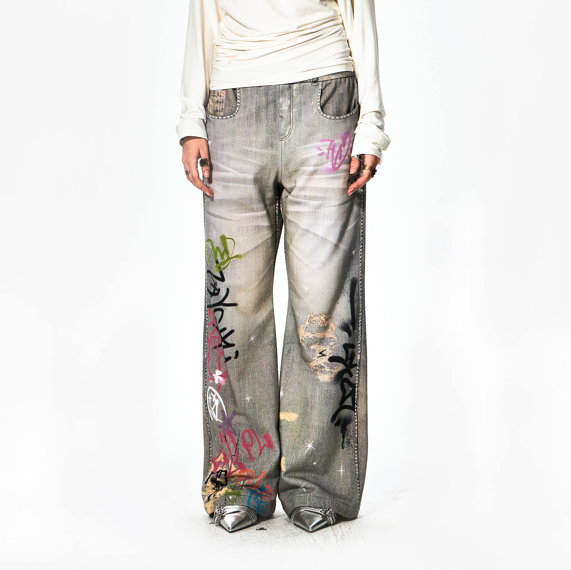 DND4DES Distressed Graffiti Flared Pants