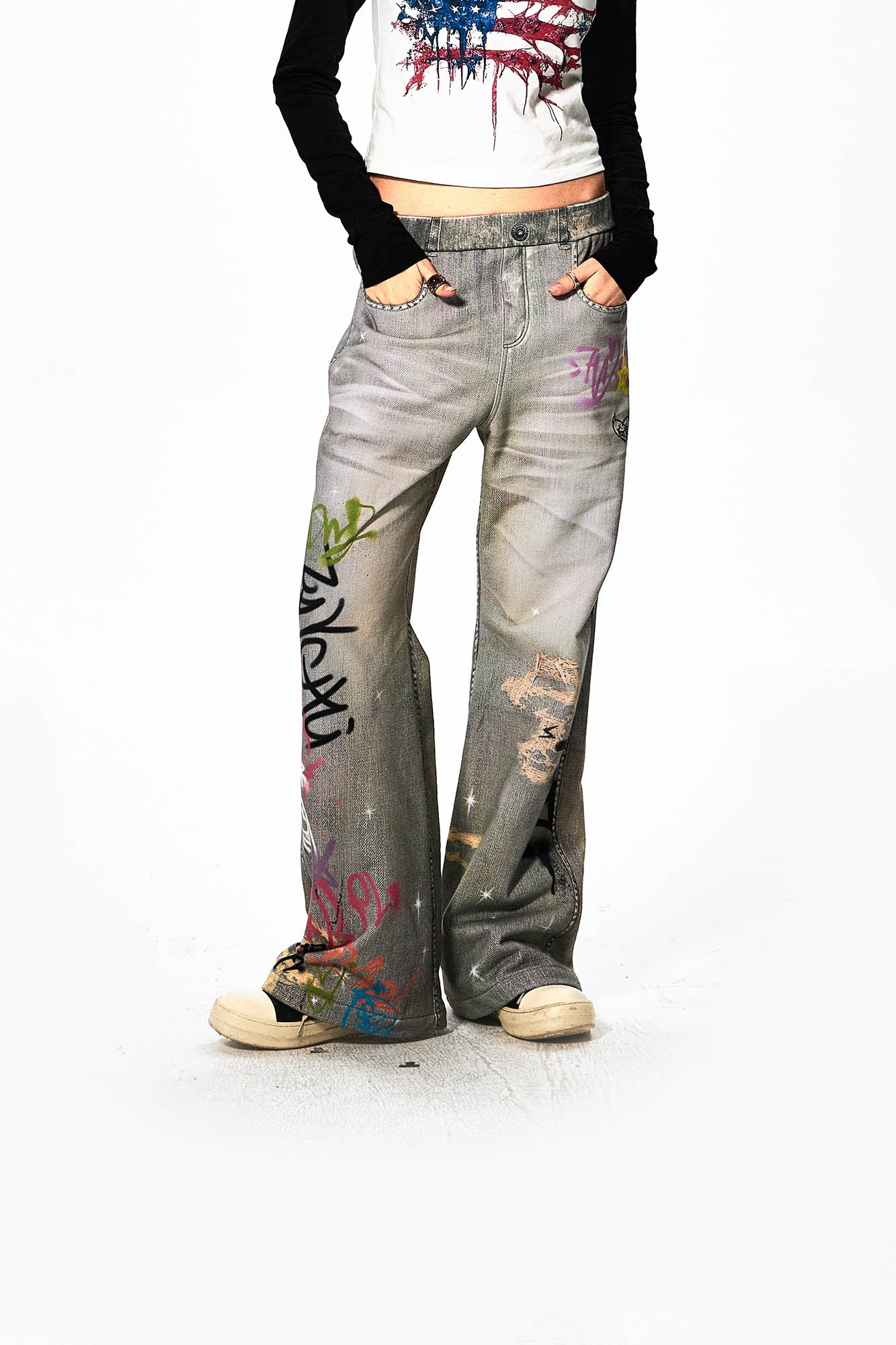 DND4DES Distressed Graffiti Flared Pants