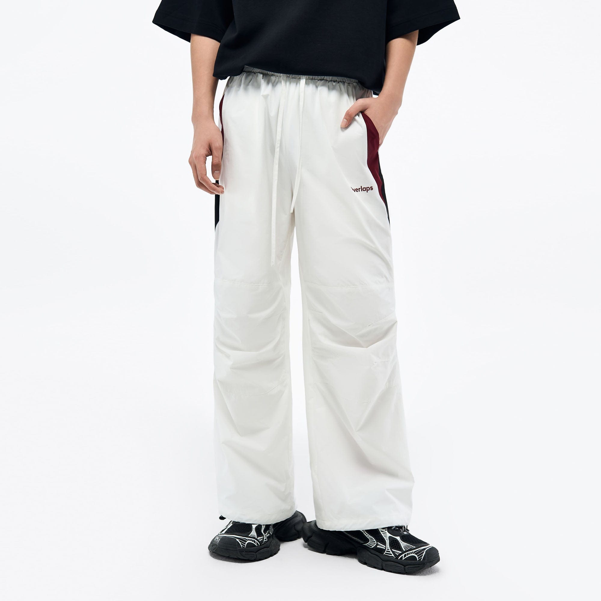 OVERLAPS Contrast Panel Crinkled-Knee Track Pants, premium urban and streetwear designers apparel on PROJECTISR.com, OVERLAPS