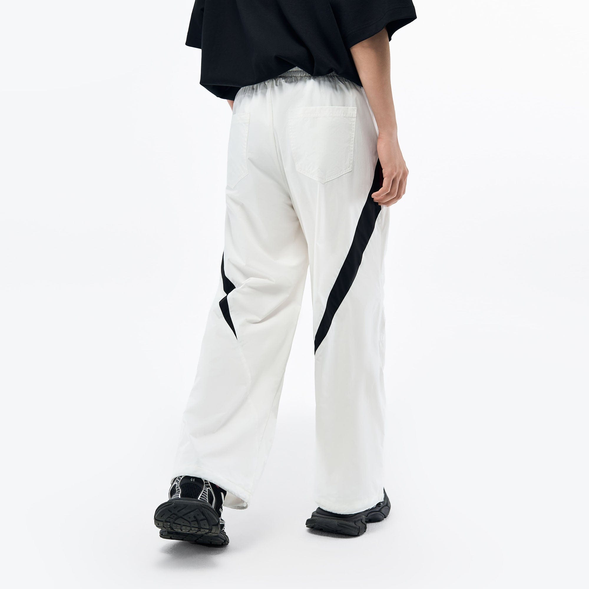 OVERLAPS Contrast Panel Crinkled-Knee Track Pants, premium urban and streetwear designers apparel on PROJECTISR.com, OVERLAPS