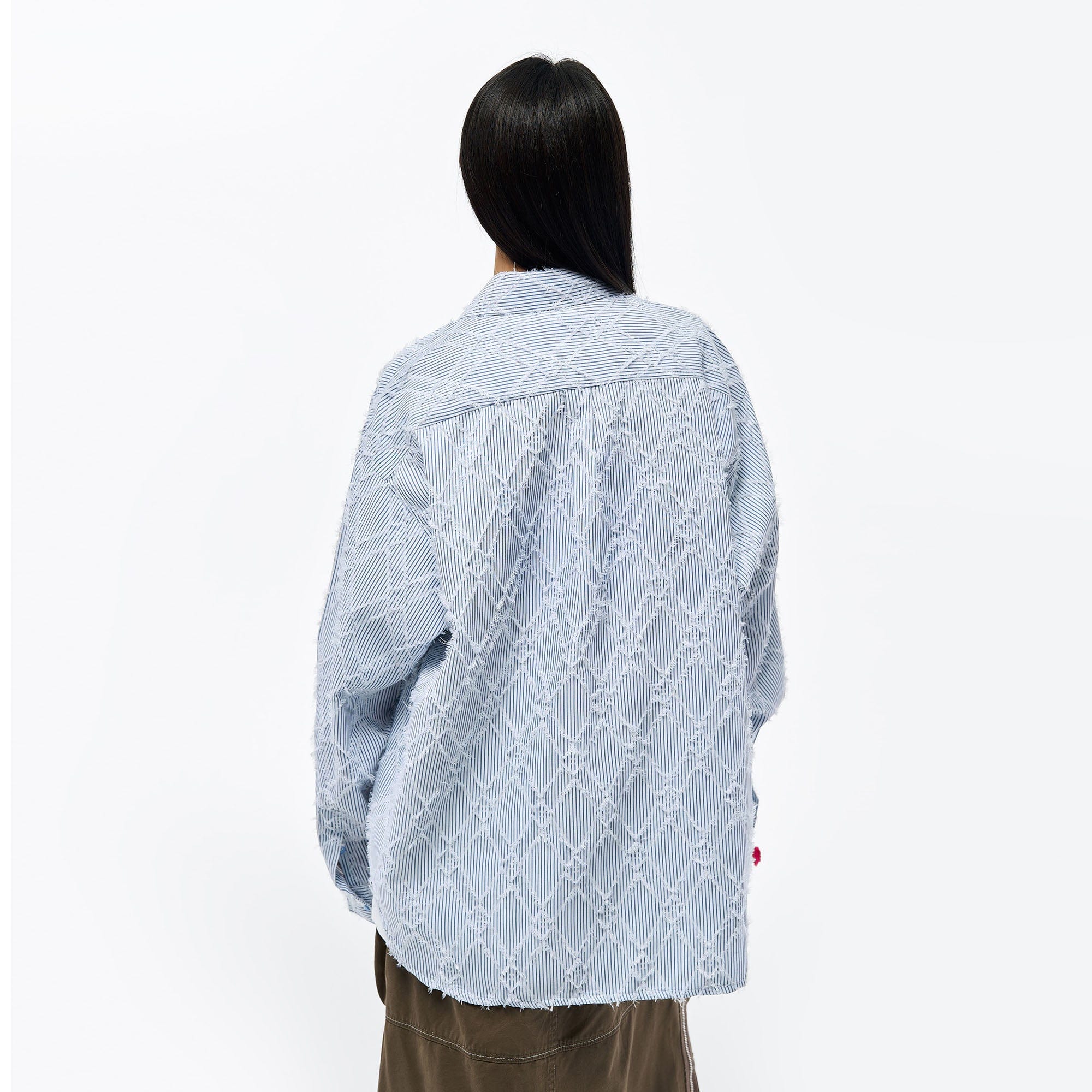 OVERLAPS Frayed Diamond Stripe Overshirt, premium urban and streetwear designers apparel on PROJECTISR.com, OVERLAPS