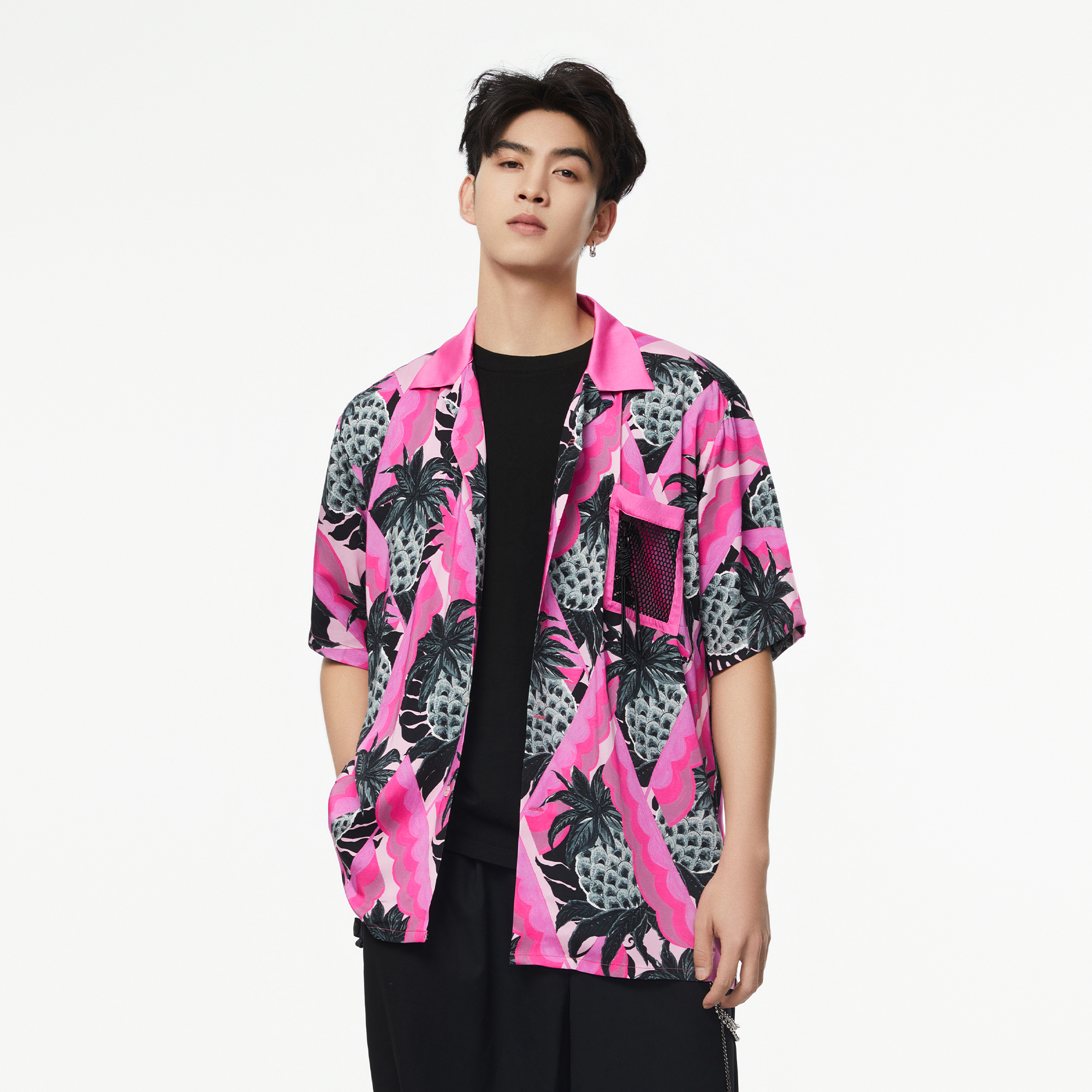 MASH UP ASIA Hawaiian Pineapple Graphic Half Shirt Black, premium urban and streetwear designers apparel on PROJECTISR.com, MASH UP ASIA