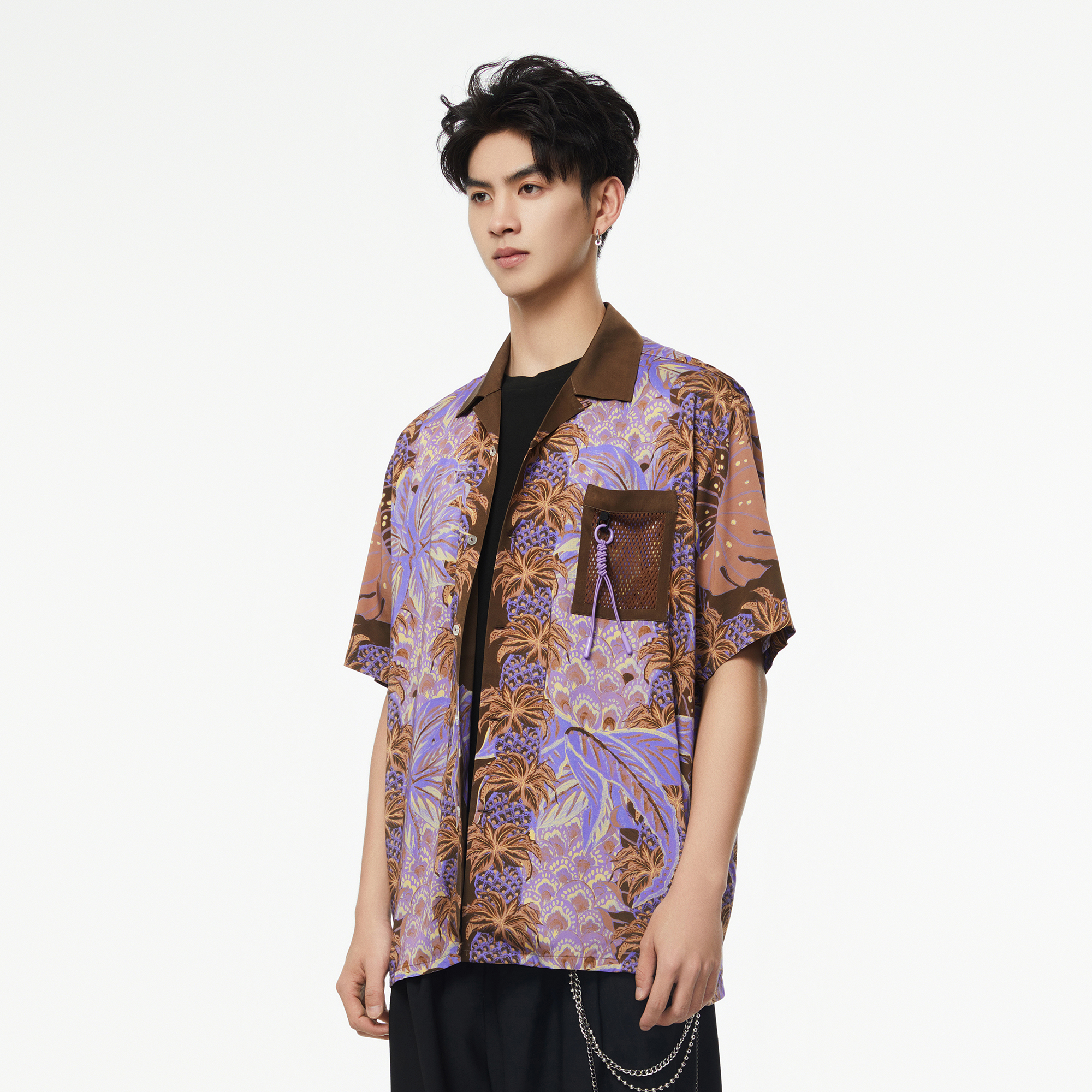 MASH UP ASIA Hawaiian Pineapple Graphic Half Shirt Purple, premium urban and streetwear designers apparel on PROJECTISR.com, MASH UP ASIA