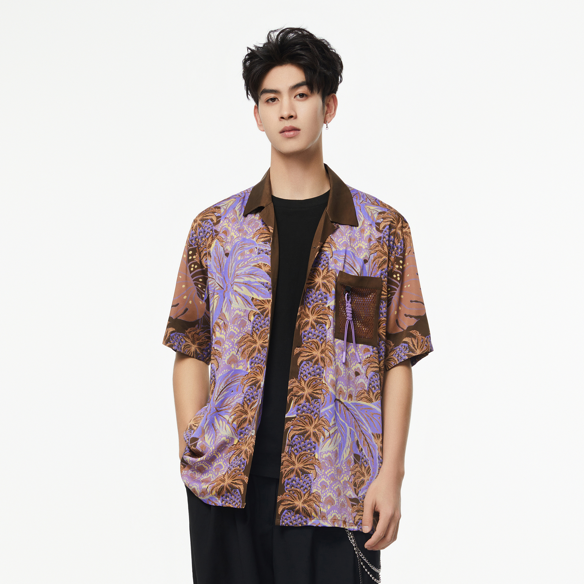 MASH UP ASIA Hawaiian Pineapple Graphic Half Shirt Purple