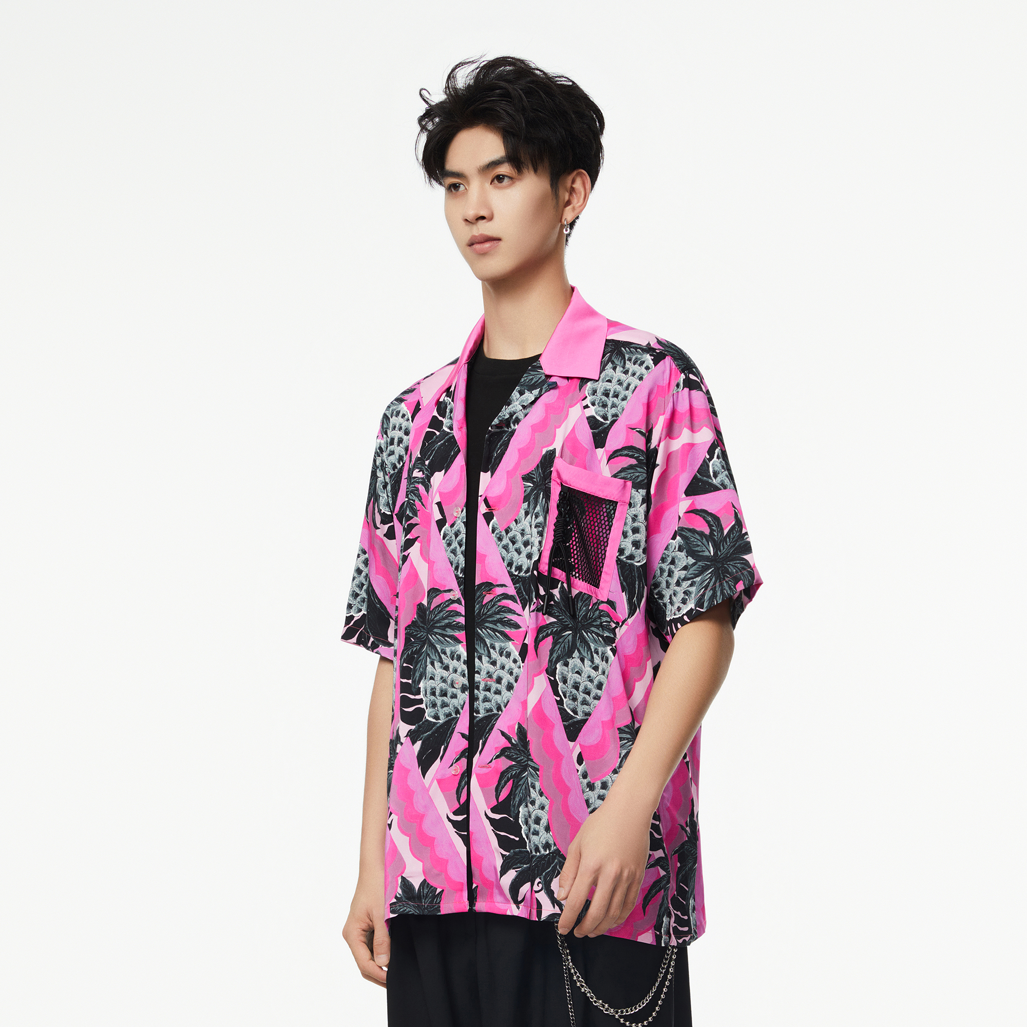 MASH UP ASIA Hawaiian Pineapple Graphic Half Shirt Black, premium urban and streetwear designers apparel on PROJECTISR.com, MASH UP ASIA