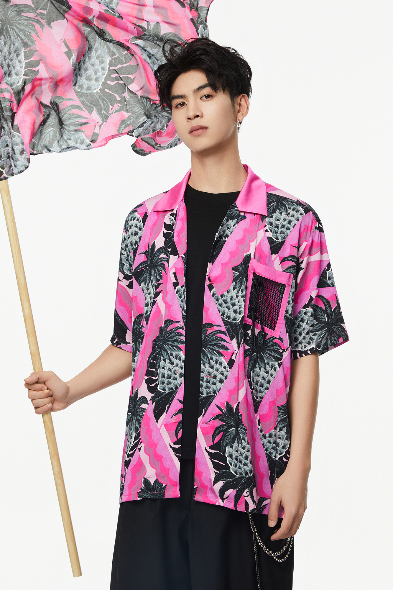 MASH UP ASIA Hawaiian Pineapple Graphic Half Shirt Black, premium urban and streetwear designers apparel on PROJECTISR.com, MASH UP ASIA
