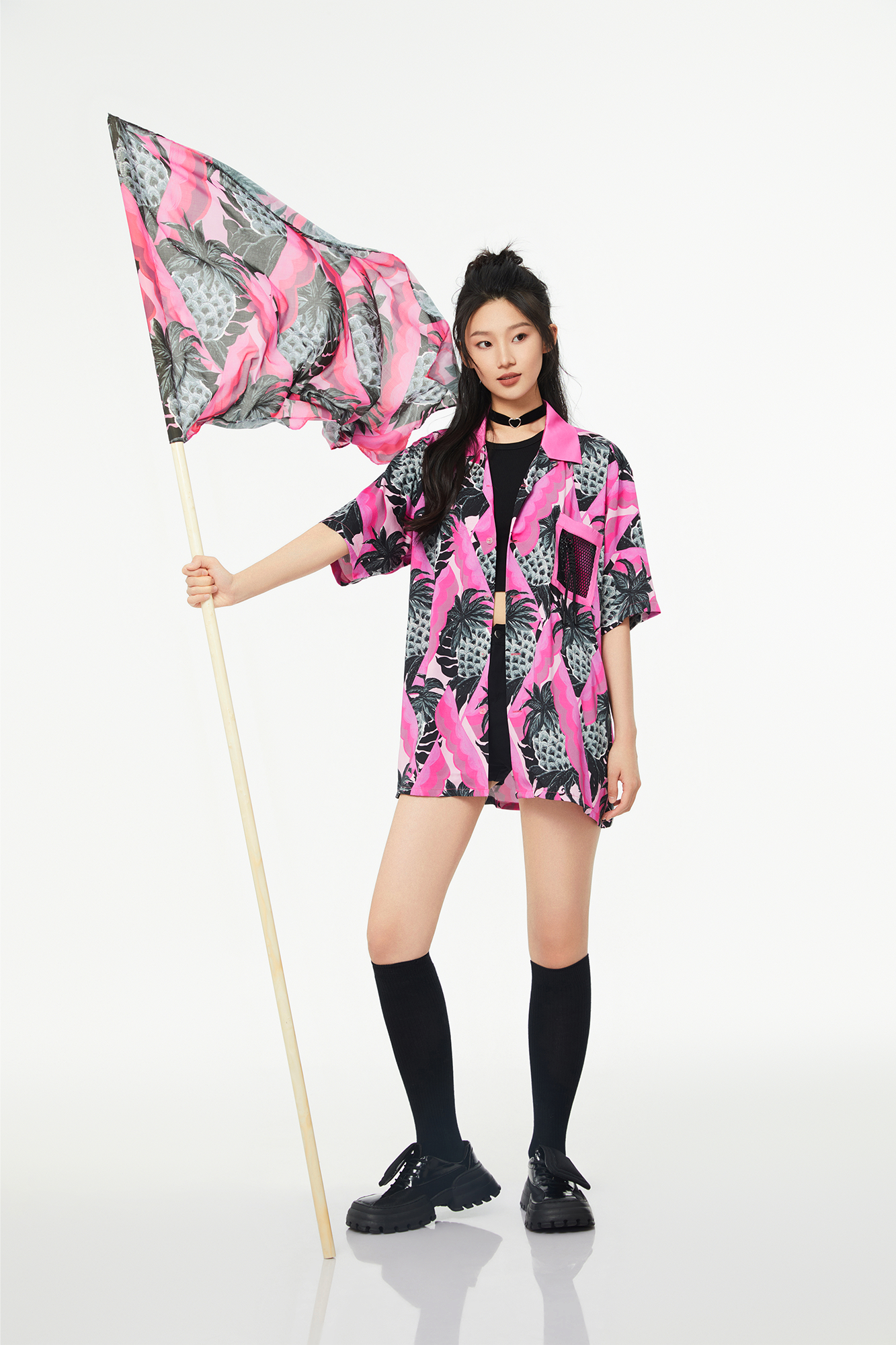 MASH UP ASIA Hawaiian Pineapple Graphic Half Shirt Black, premium urban and streetwear designers apparel on PROJECTISR.com, MASH UP ASIA