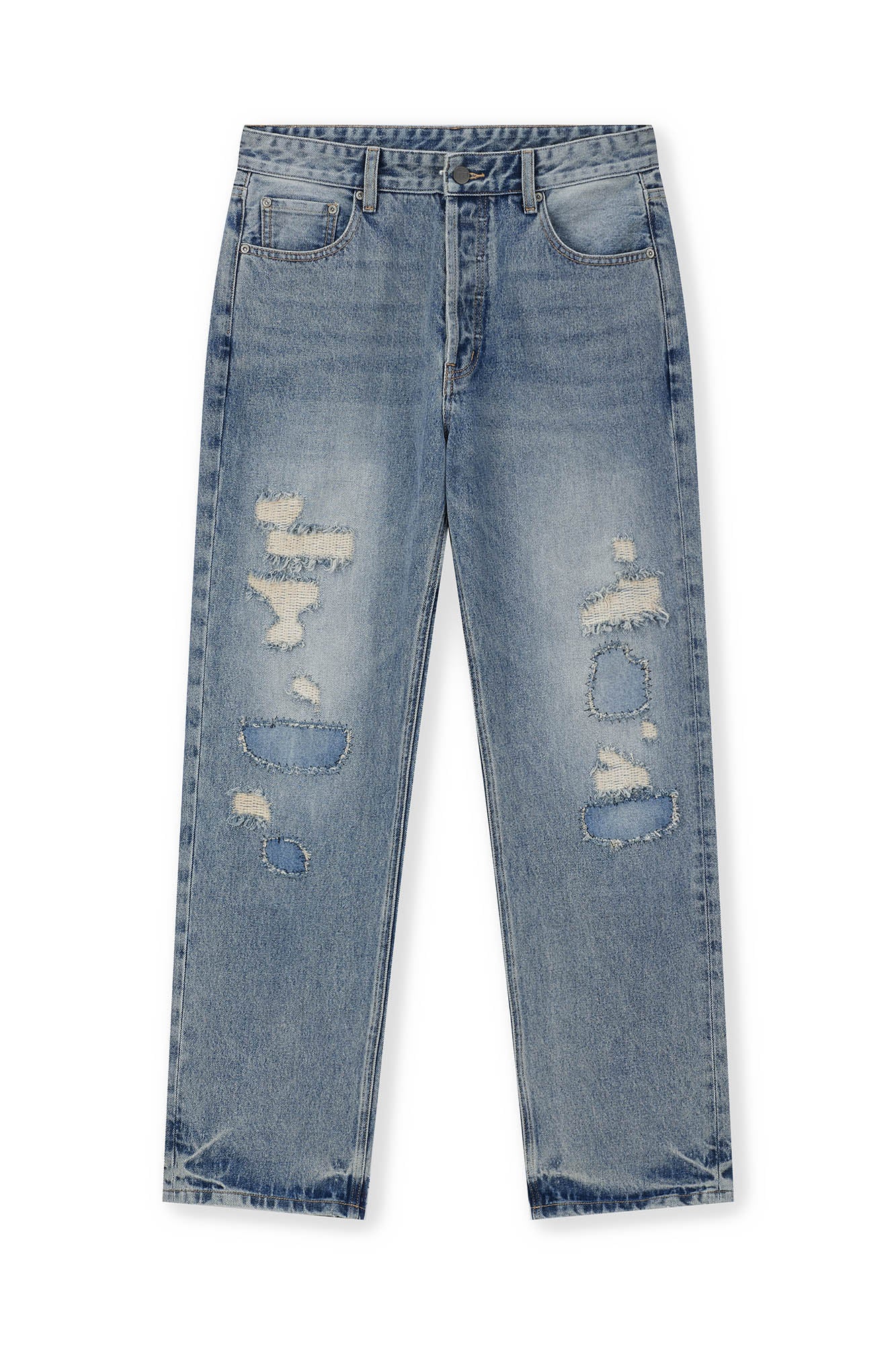 BONELESS Patched Distressed Straight-Leg Jeans