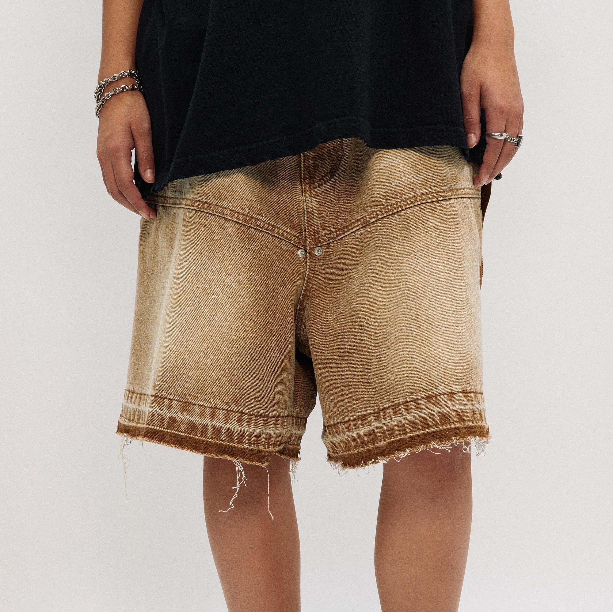 OVDY Retro Faded Spliced Raw Edge Shorts