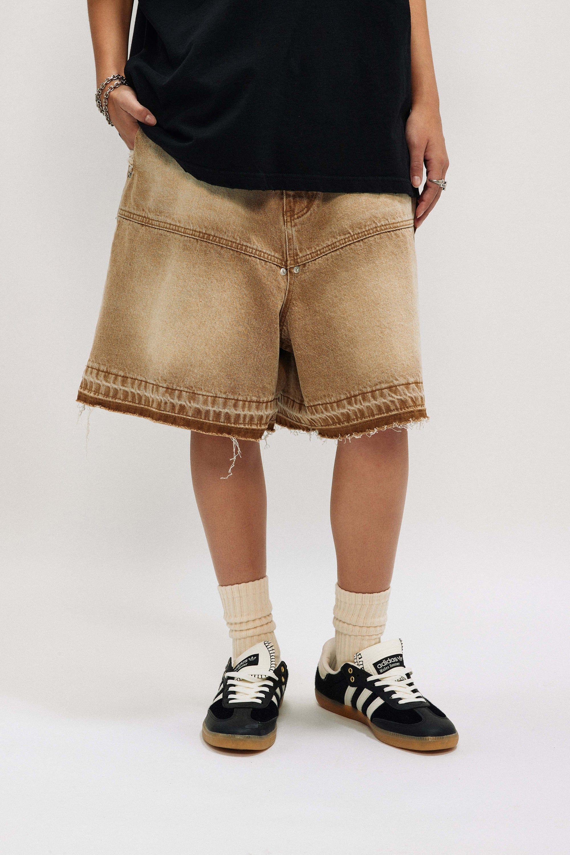 OVDY Retro Faded Spliced Raw Edge Shorts