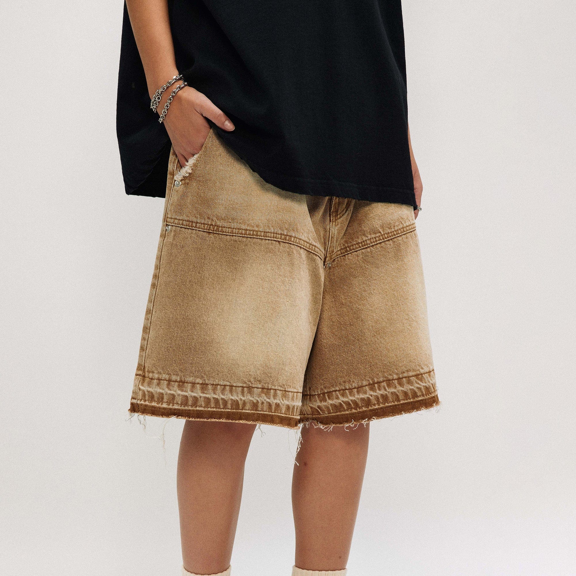 OVDY Retro Faded Spliced Raw Edge Shorts