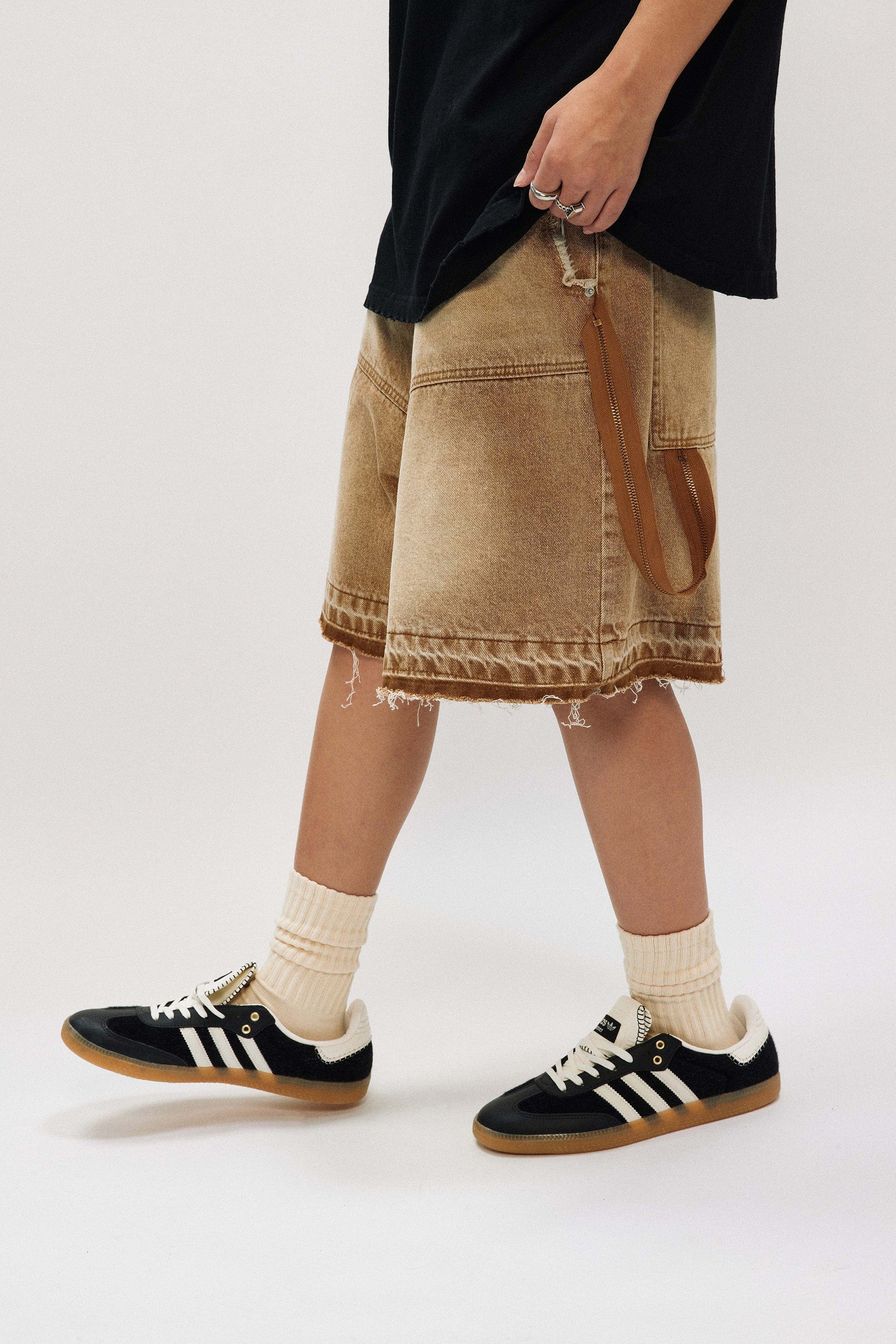 OVDY Retro Faded Spliced Raw Edge Shorts