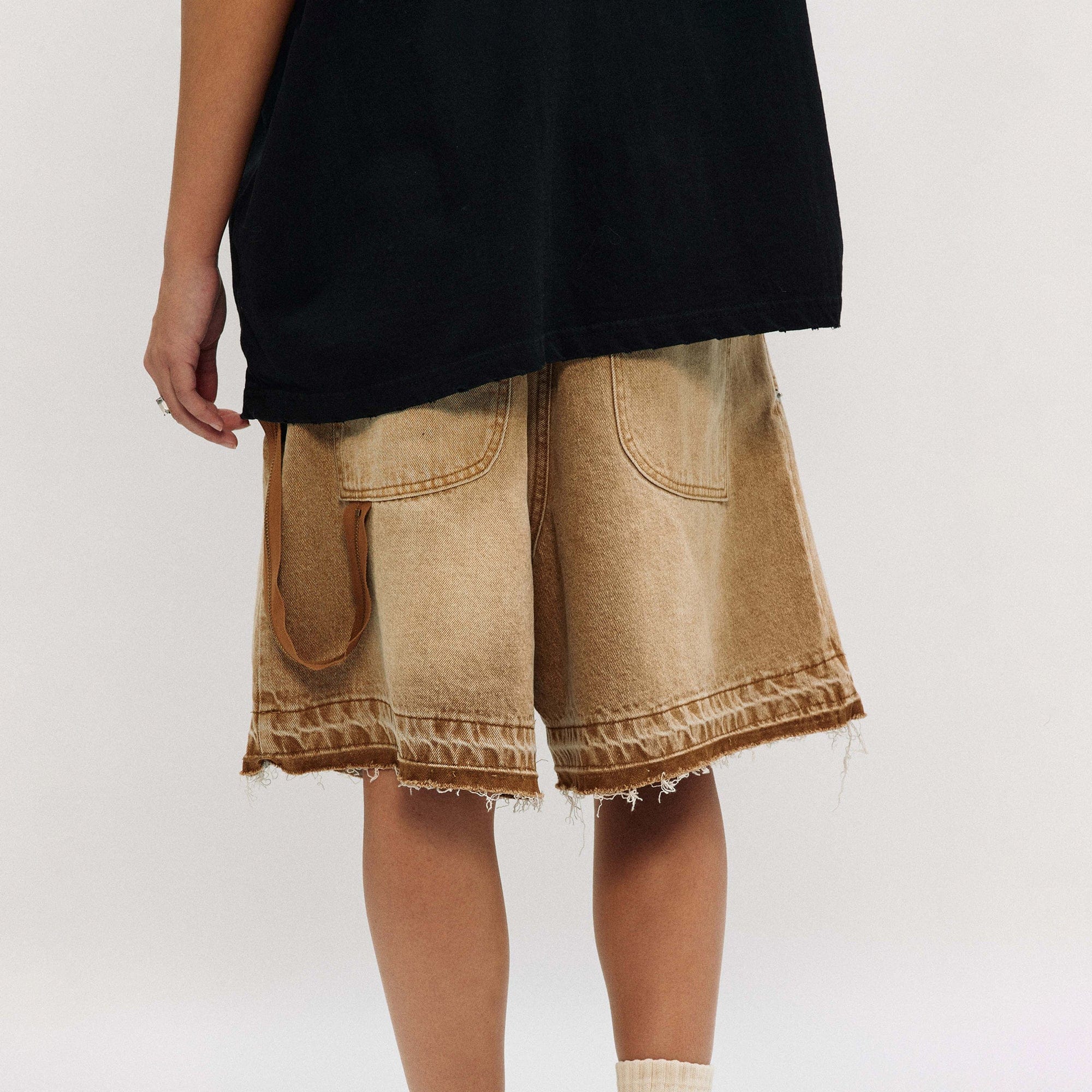 OVDY Retro Faded Spliced Raw Edge Shorts