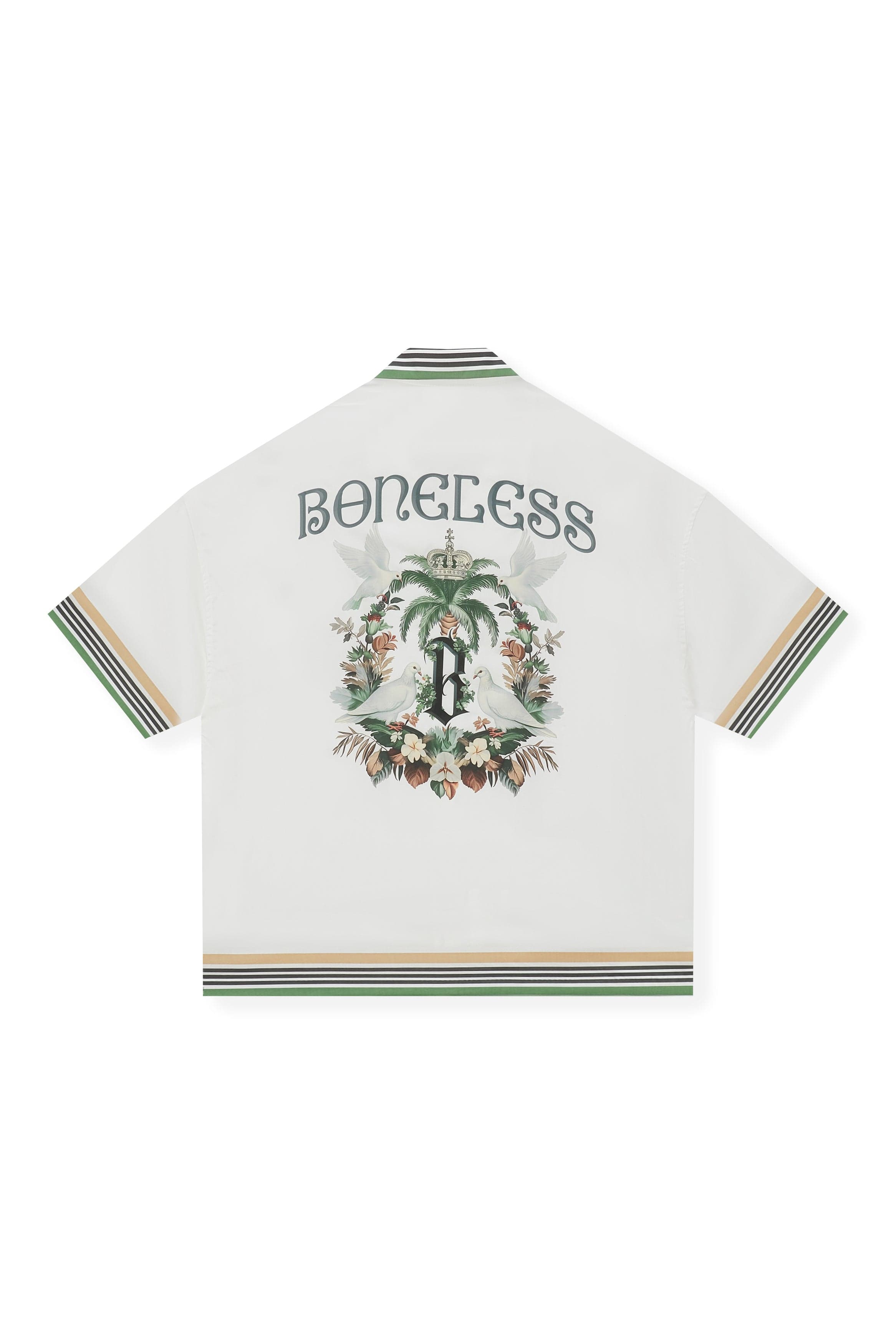 BONELESS Palm Tree & Dove Graphic Striped Collar Tencel Half Shirt, premium urban and streetwear designers apparel on PROJECTISR.com, BONELESS