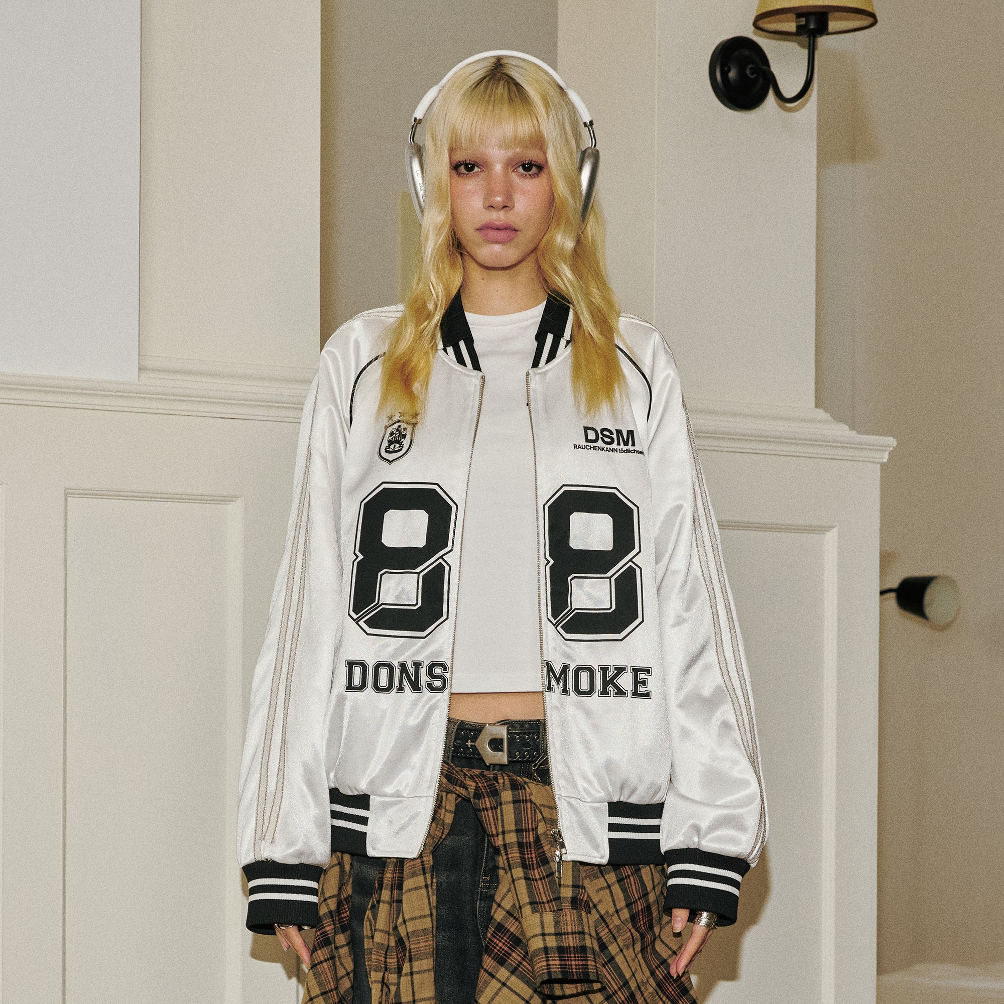 DONSMOKE Glossy Contrast Graphic Varsity Jacket