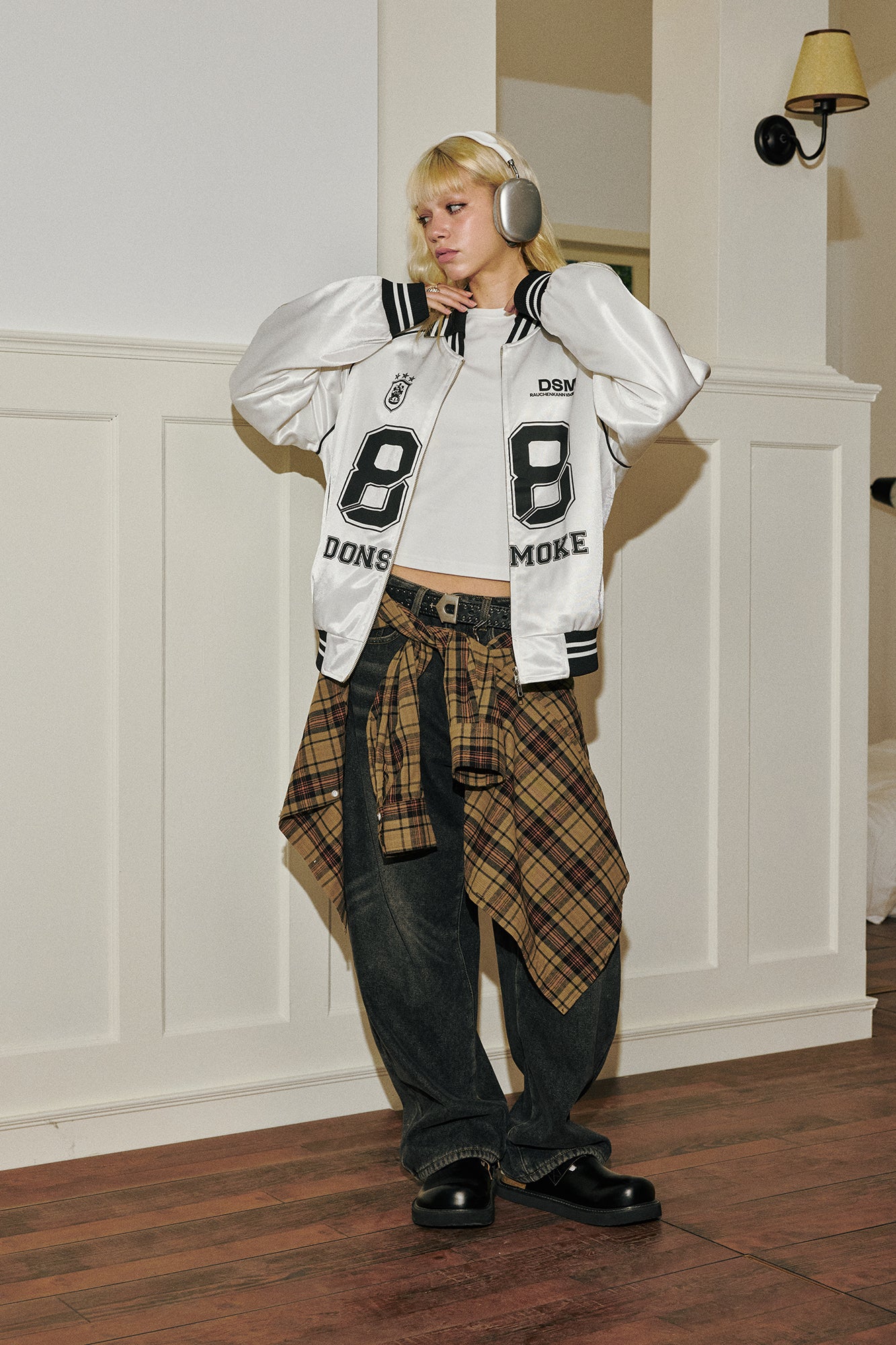 DONSMOKE Glossy Contrast Graphic Varsity Jacket