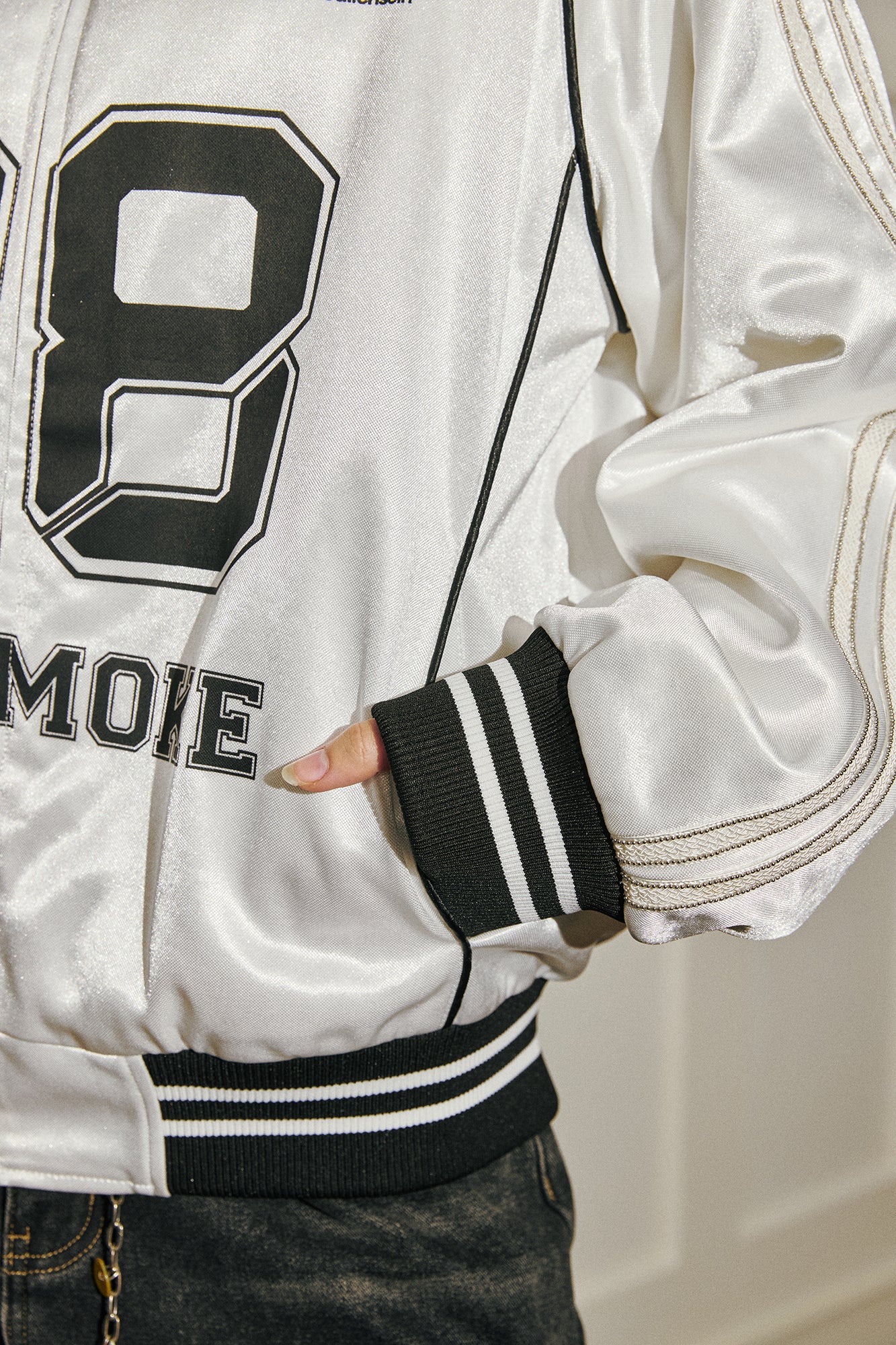 DONSMOKE Glossy Contrast Graphic Varsity Jacket