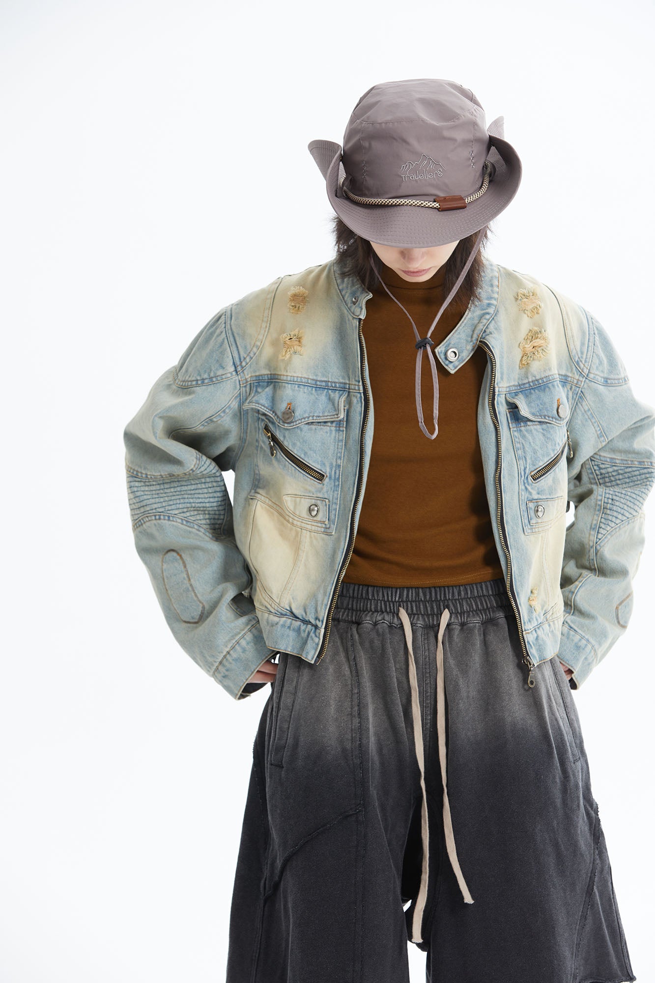 ERROR CODE ROBOT Distressed Washed Cropped Biker Denim Jacket, premium urban and streetwear designers apparel on PROJECTISR.com, ERROR CODE ROBOT