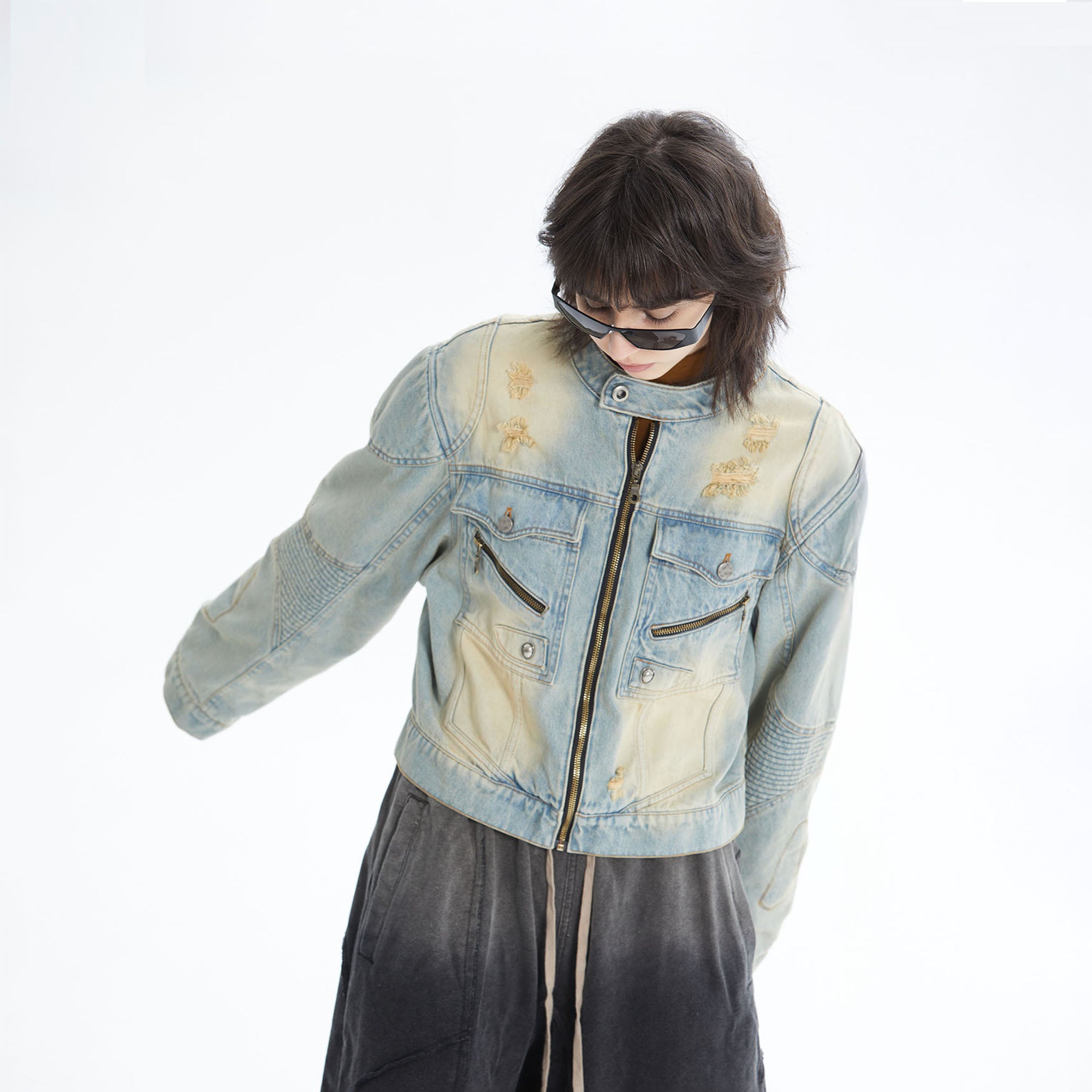ERROR CODE ROBOT Distressed Washed Cropped Biker Denim Jacket, premium urban and streetwear designers apparel on PROJECTISR.com, ERROR CODE ROBOT