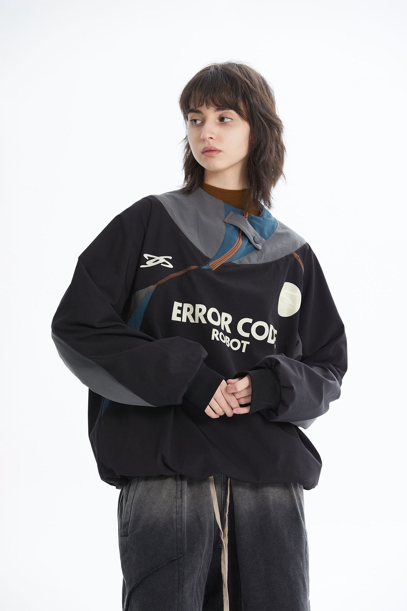 ERROR CODE ROBOT Asymmetric Zip Contrast Panel Sweatshirt, premium urban and streetwear designers apparel on PROJECTISR.com, ERROR CODE ROBOT