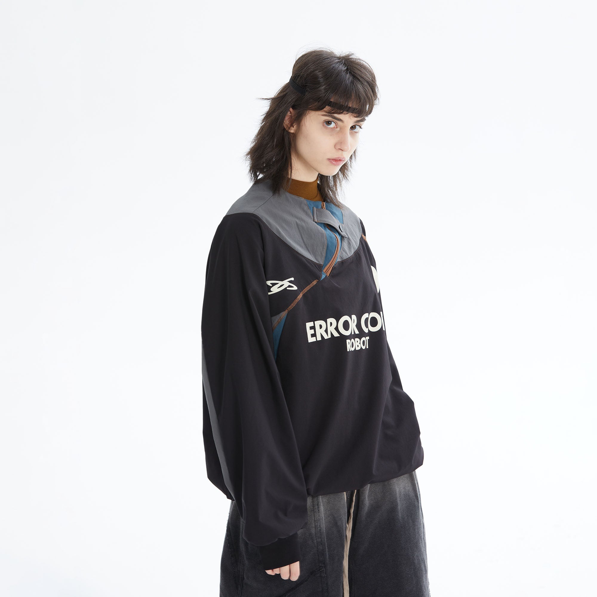 ERROR CODE ROBOT Asymmetric Zip Contrast Panel Sweatshirt, premium urban and streetwear designers apparel on PROJECTISR.com, ERROR CODE ROBOT