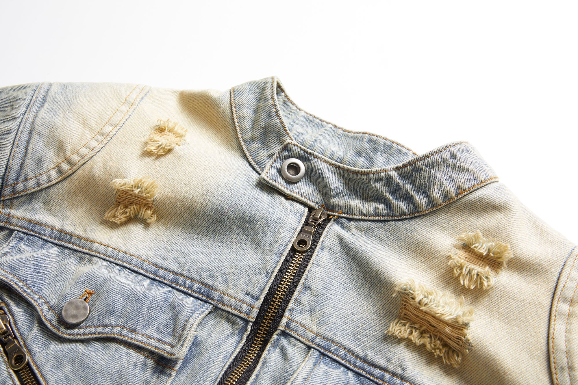 ERROR CODE ROBOT Distressed Washed Cropped Biker Denim Jacket, premium urban and streetwear designers apparel on PROJECTISR.com, ERROR CODE ROBOT