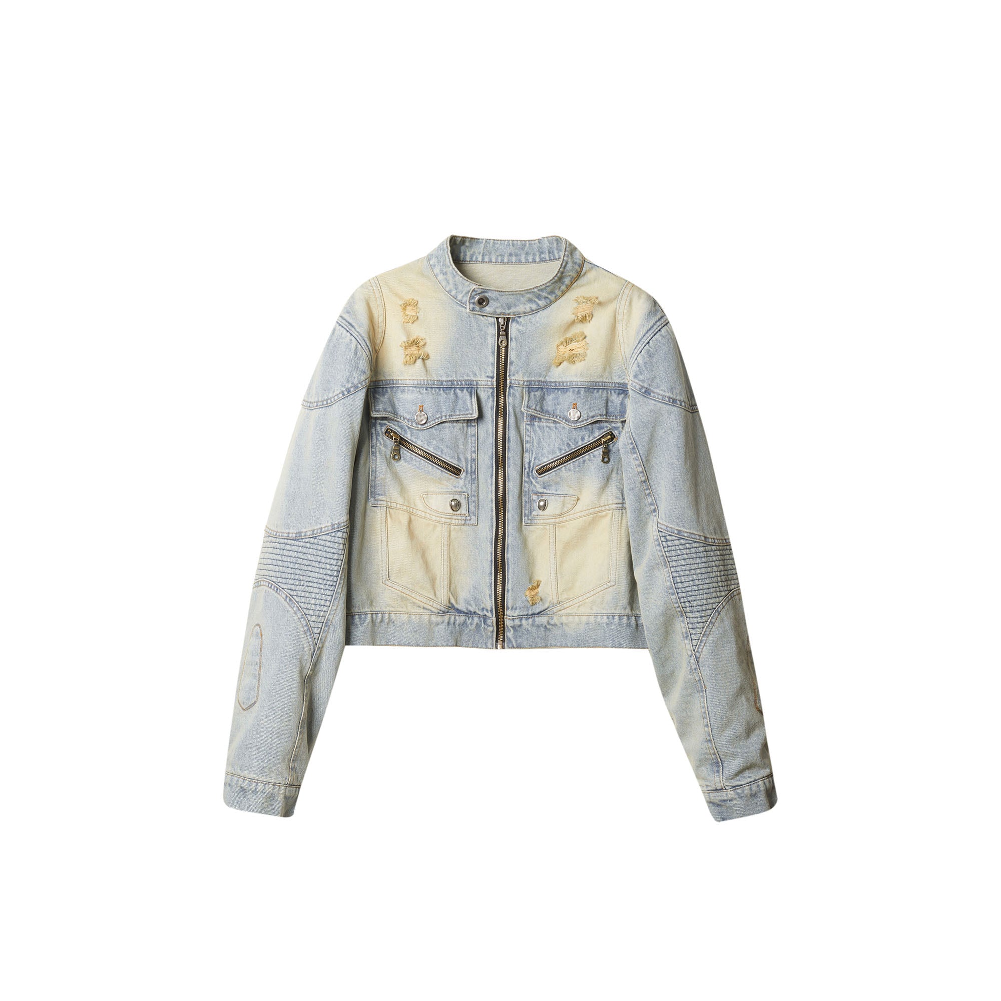 ERROR CODE ROBOT Distressed Washed Cropped Biker Denim Jacket, premium urban and streetwear designers apparel on PROJECTISR.com, ERROR CODE ROBOT