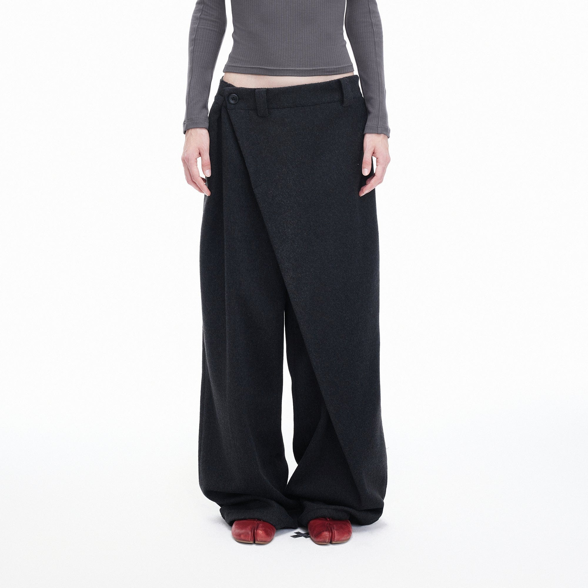 ARTIFICIAL WORLD Asymmetrical Overlay Wool Wide-Leg Pants, premium urban and streetwear designers apparel on PROJECTISR.com, ARTIFICIAL WORLD