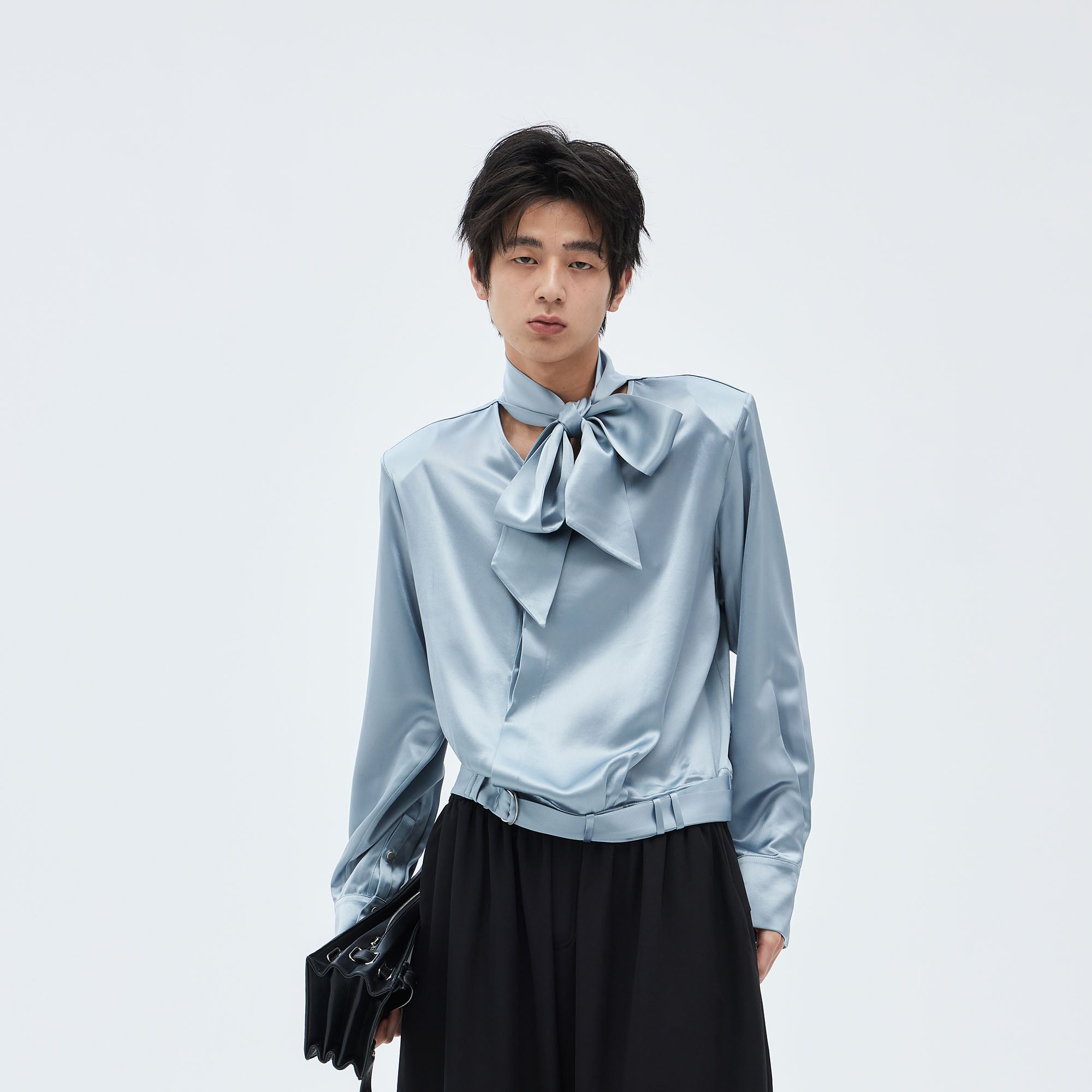 TUIMU Acetate Belt-Hem Tie-Neck Blouse, premium urban and streetwear designers apparel on PROJECTISR.com, TUIMU