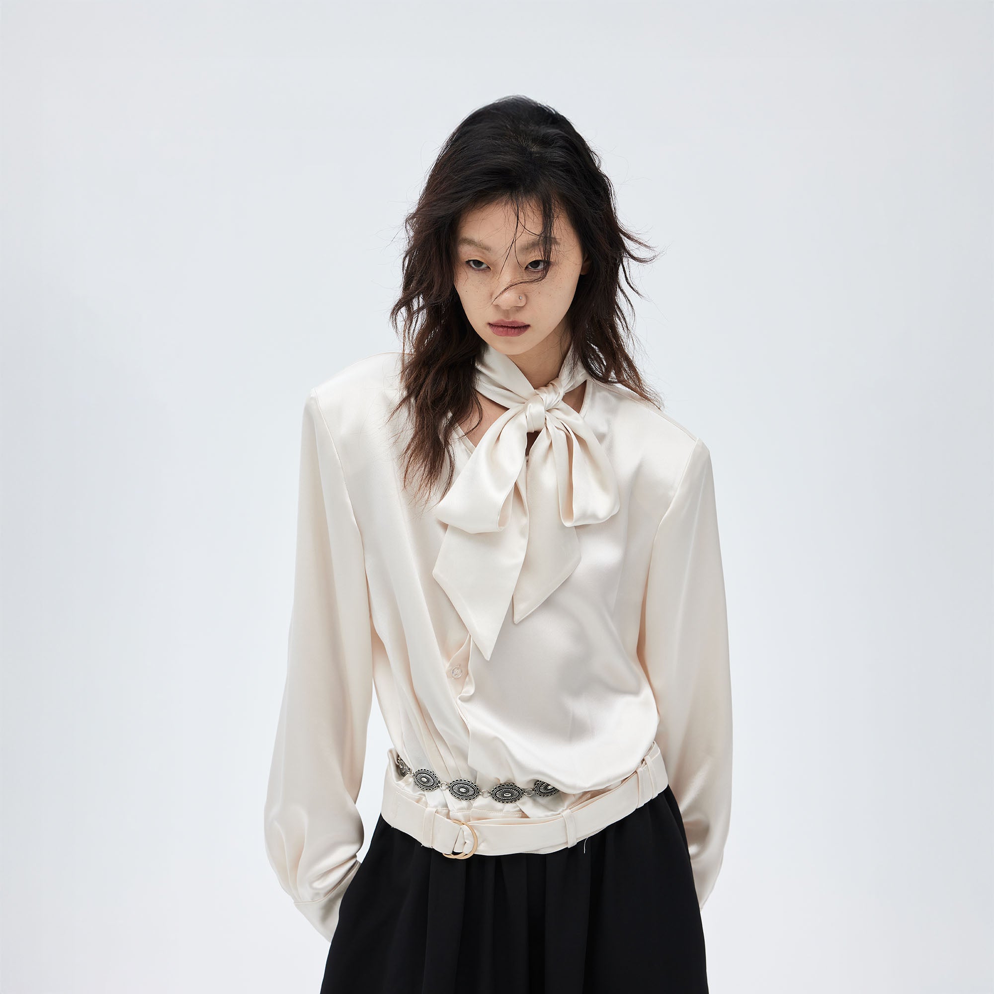 TUIMU Acetate Belt-Hem Tie-Neck Blouse, premium urban and streetwear designers apparel on PROJECTISR.com, TUIMU