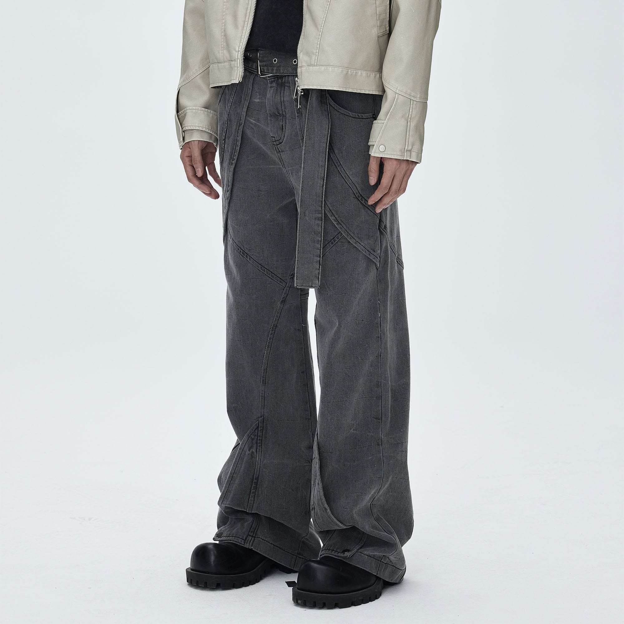 CATSSTAC Panel Washed Detachable Belt Wide-Leg Jeans, premium urban and streetwear designers apparel on PROJECTISR.com, CATSSTAC