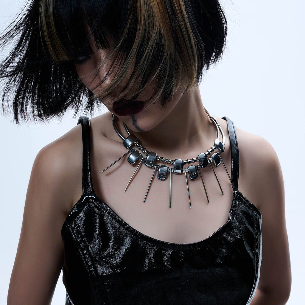 ILLUSORY Double-Strand Beaded Spiked Necklace, premium urban and streetwear designers apparel on PROJECTISR.com, ILLUSORY