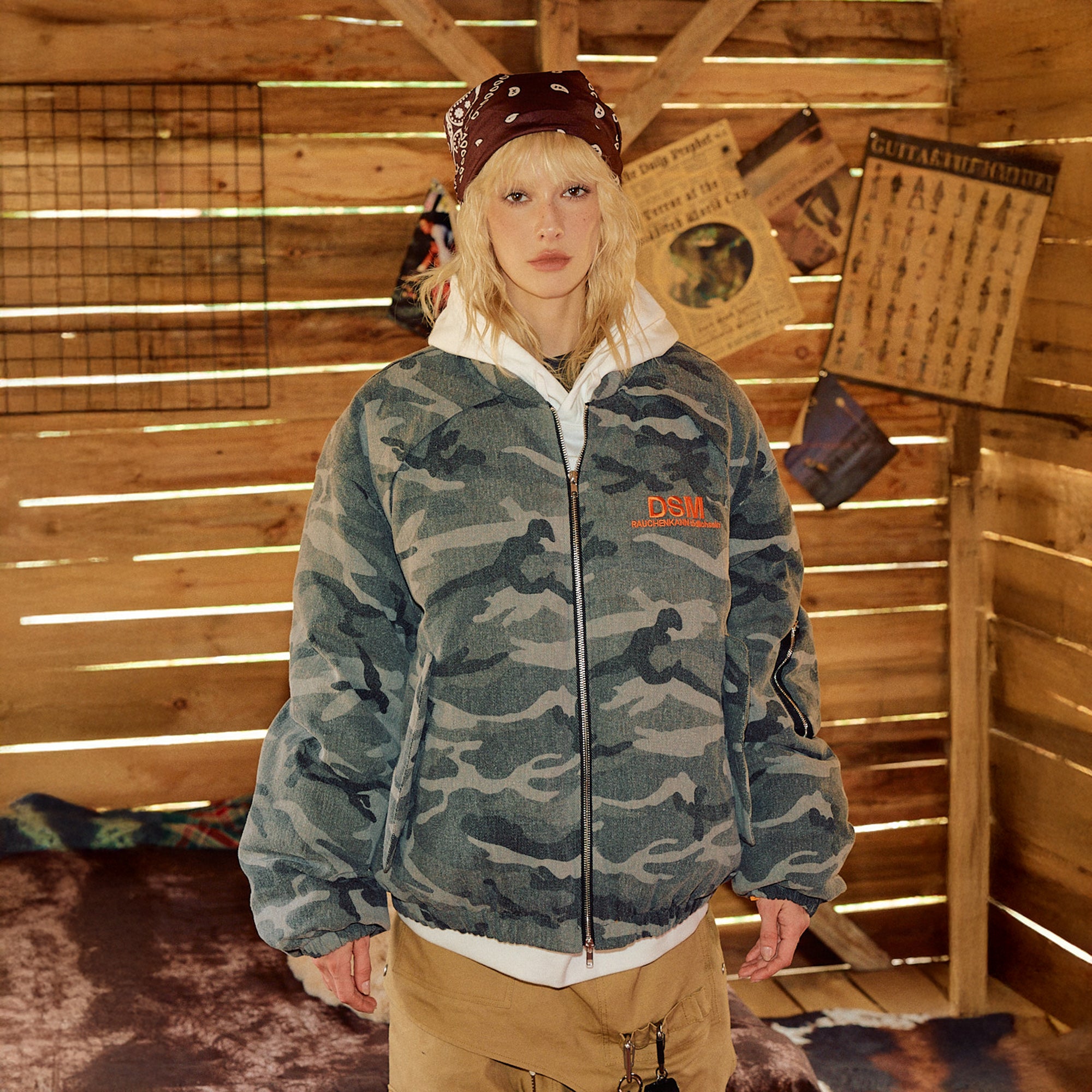 DONSMOKE Paneled Camo Embroidered LOGO Bomber Jacket