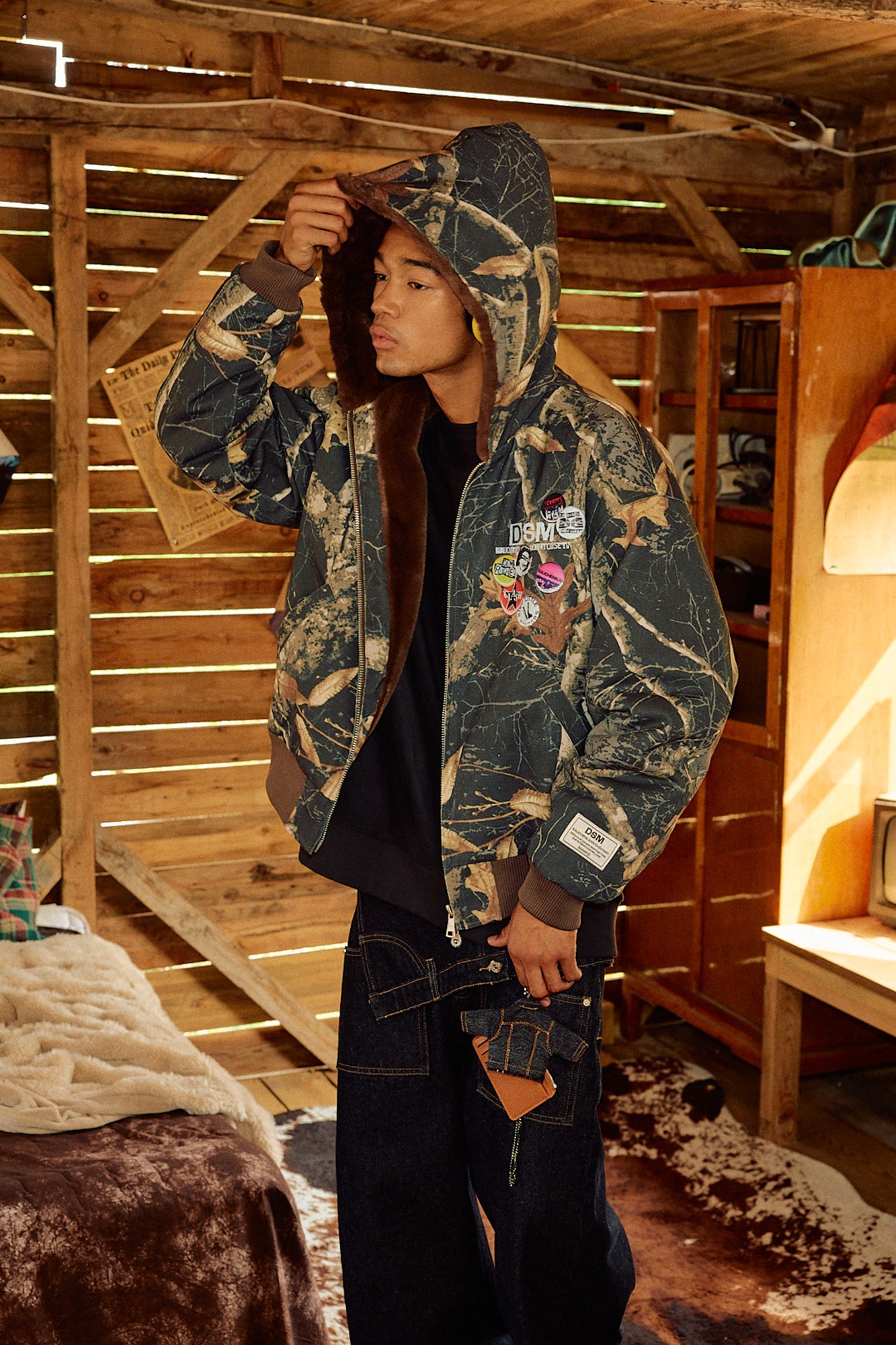 DONSMOKE Faux Fur Lined Camo Hooded Jacket