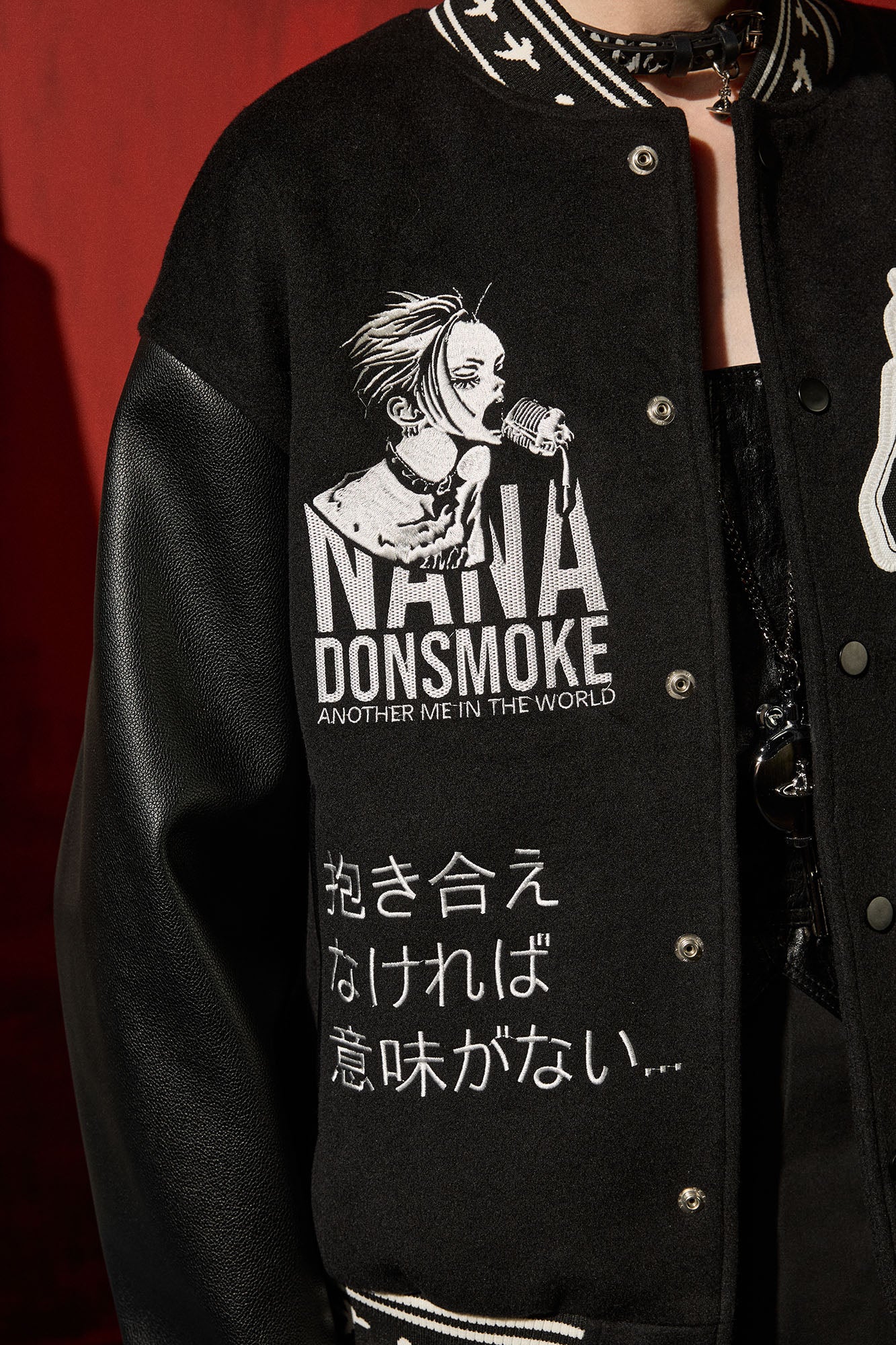 DONSMOKE × NANA PU Panel Anime Patch Varsity Jacket, premium urban and streetwear designers apparel on PROJECTISR.com, DONSMOKE × NANA