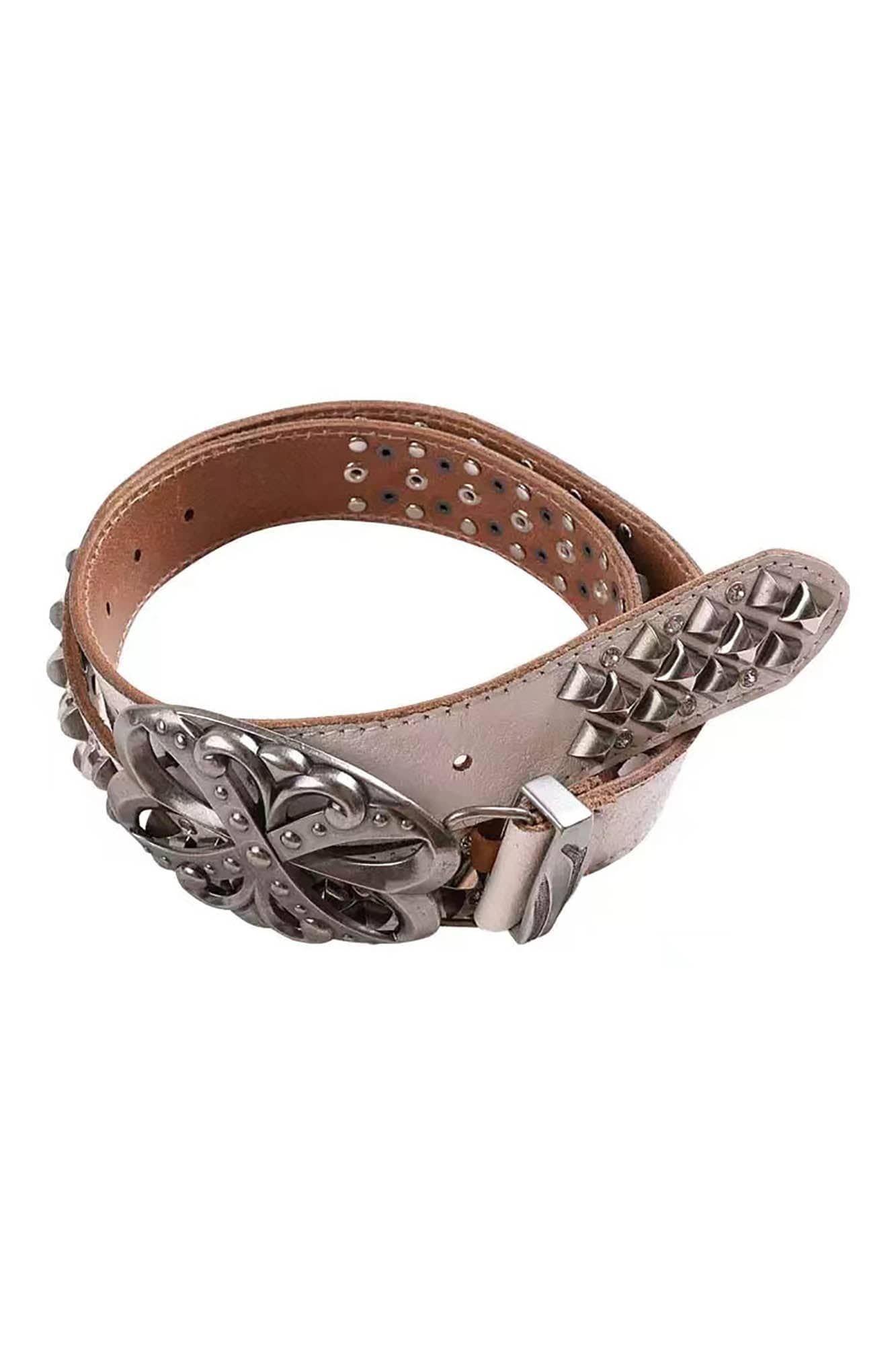 DND4DES Studded Rhinestone Carved Buckle Leather Belt