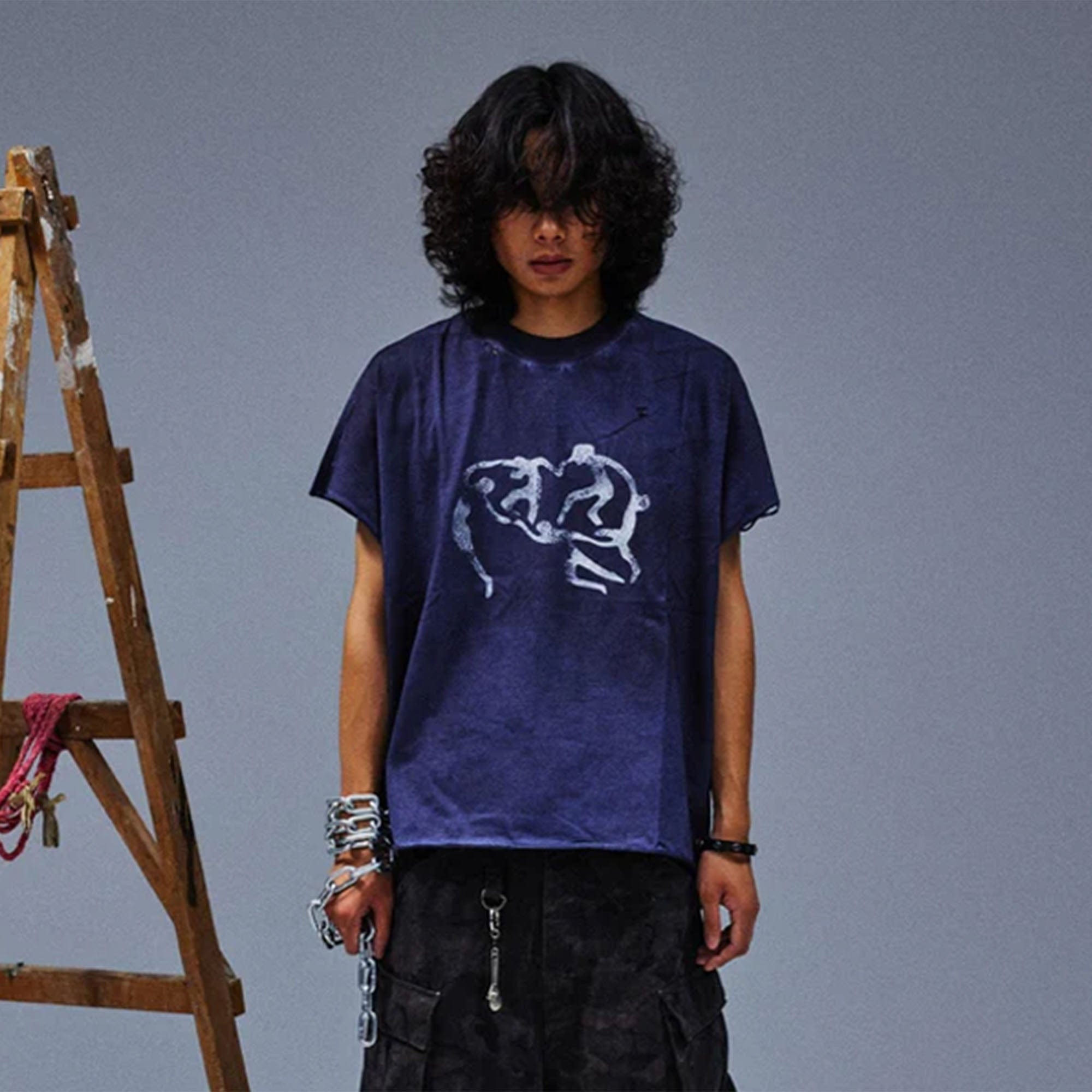 TECNINEGROUP Distressed Blue-Dyed Graphic T-Shirt, premium urban and streetwear designers apparel on PROJECTISR.com, TECNINEGROUP