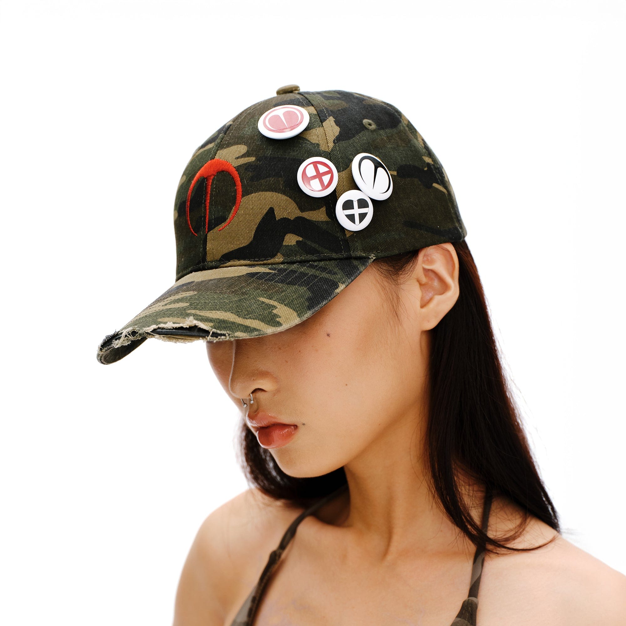 SCHWARZGOLD Distressed Camo Badge Cap, premium urban and streetwear designers apparel on PROJECTISR.com, SCHWARZGOLD